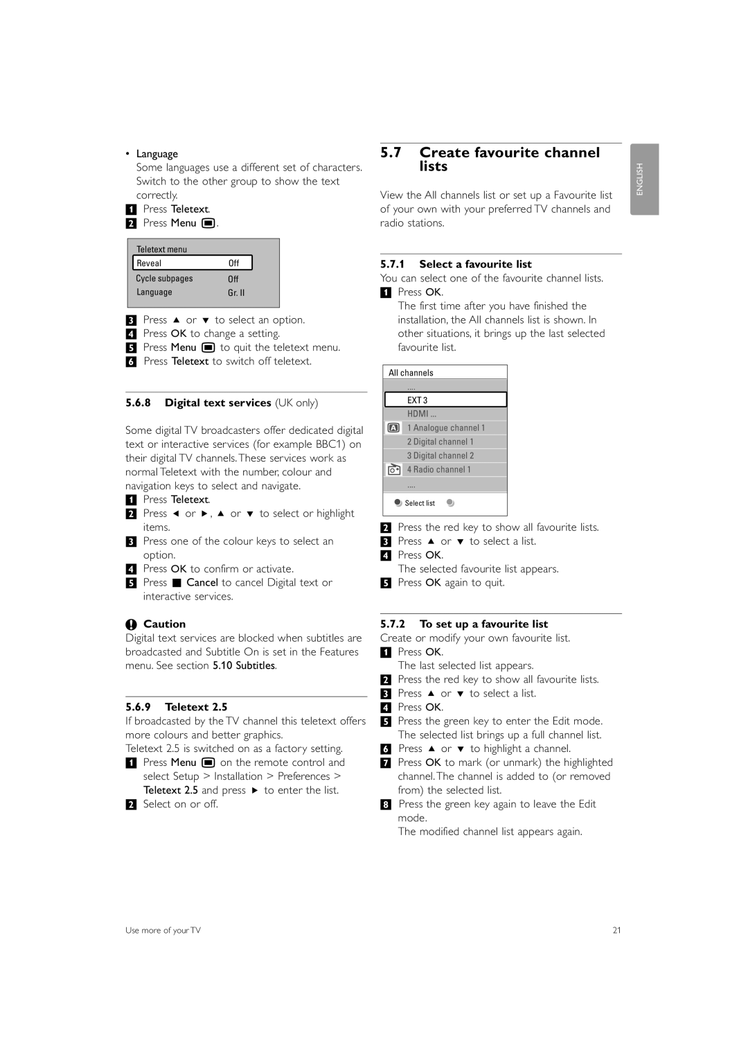 Philips 42PFL9703 manual Create favourite channel lists, Digital text services UK only, Teletext, Select a favourite list 