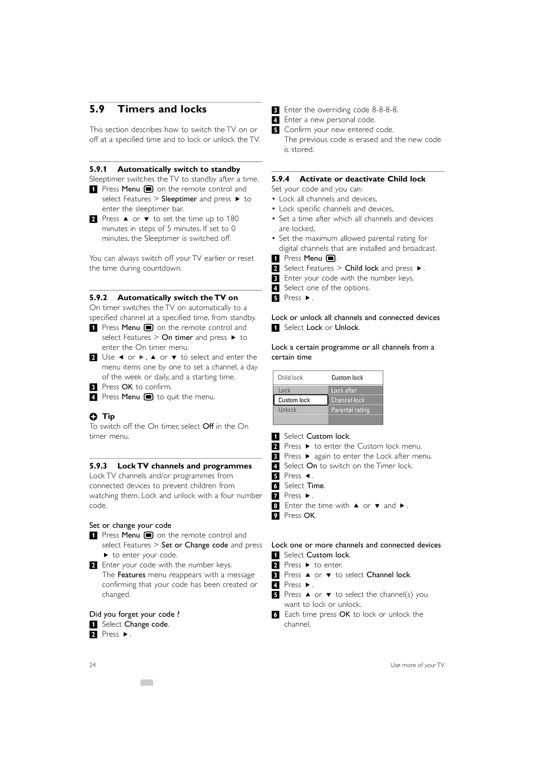 Philips 52PFL9703, 32PFL9603, 47PFL9703 Timers and locks, ÒPress OK to confirm † Press Menu Ï to quit the menu, Lock after 