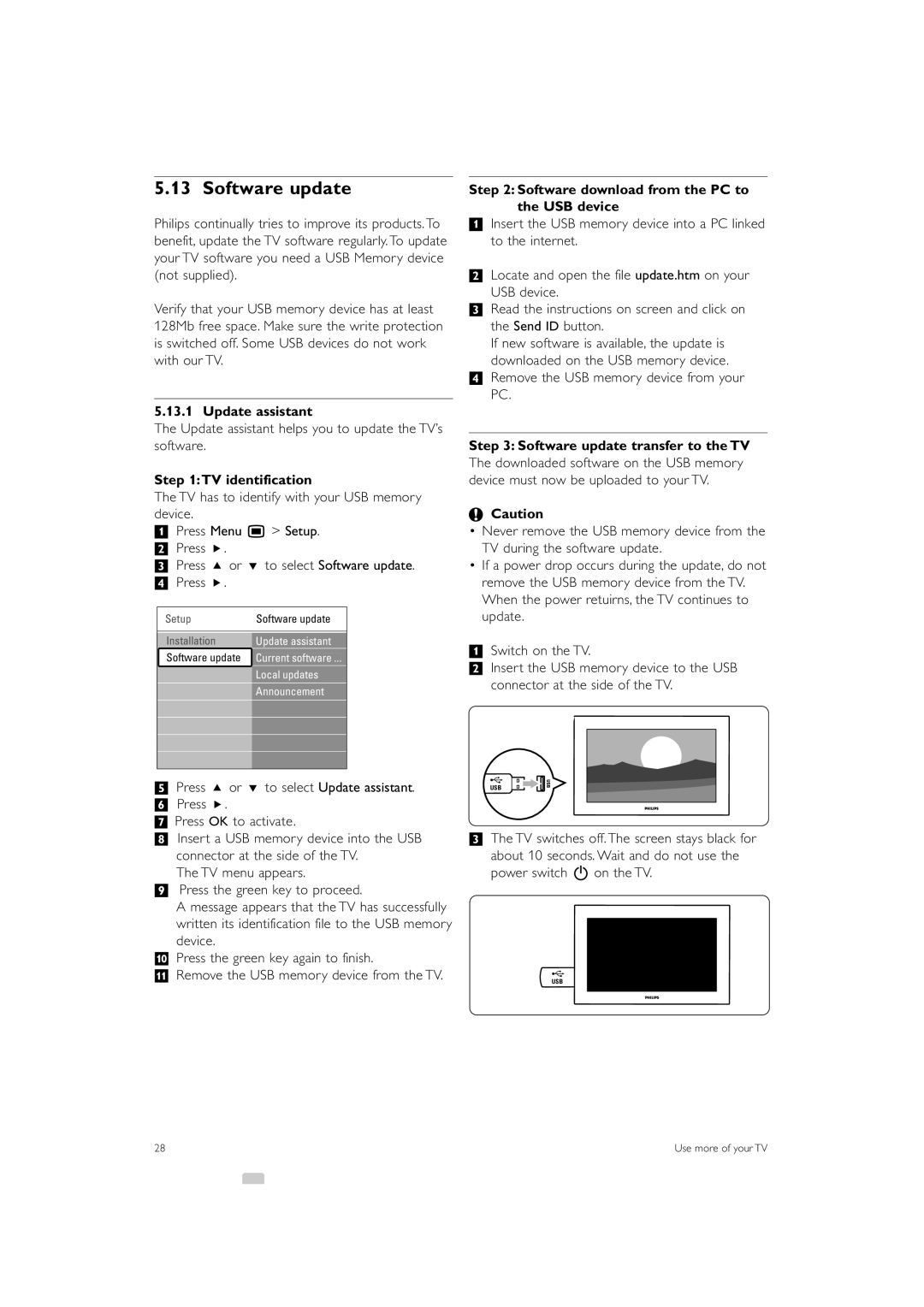 Philips 42PFL9803 Software update, Update assistant, TV identification, Software download from the PC to the USB device 