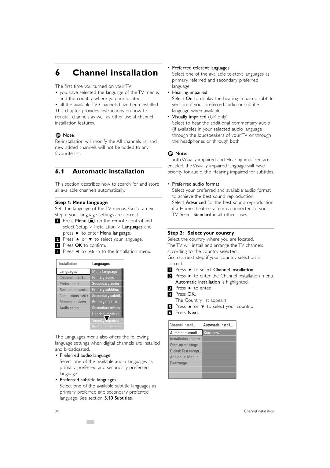 Philips 42PFL9703, 32PFL9603, 47PFL9703 Channel installation, Automatic installation, Menu language, Select your country 