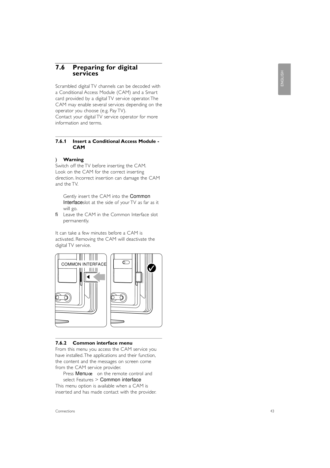 Philips 32PFL9603, 47PFL9703 Preparing for digital services, Insert a Conditional Access Module, Common interface menu 