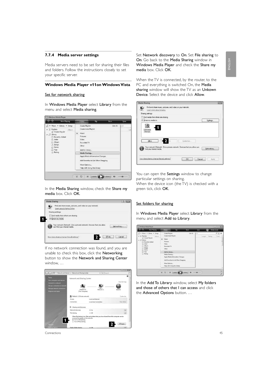 Philips 47PFL9603, 32PFL9603, 47PFL9703, 42PFL9803, 42PFL9603 Media server settings, Windows Media Player v11on Windows Vista 