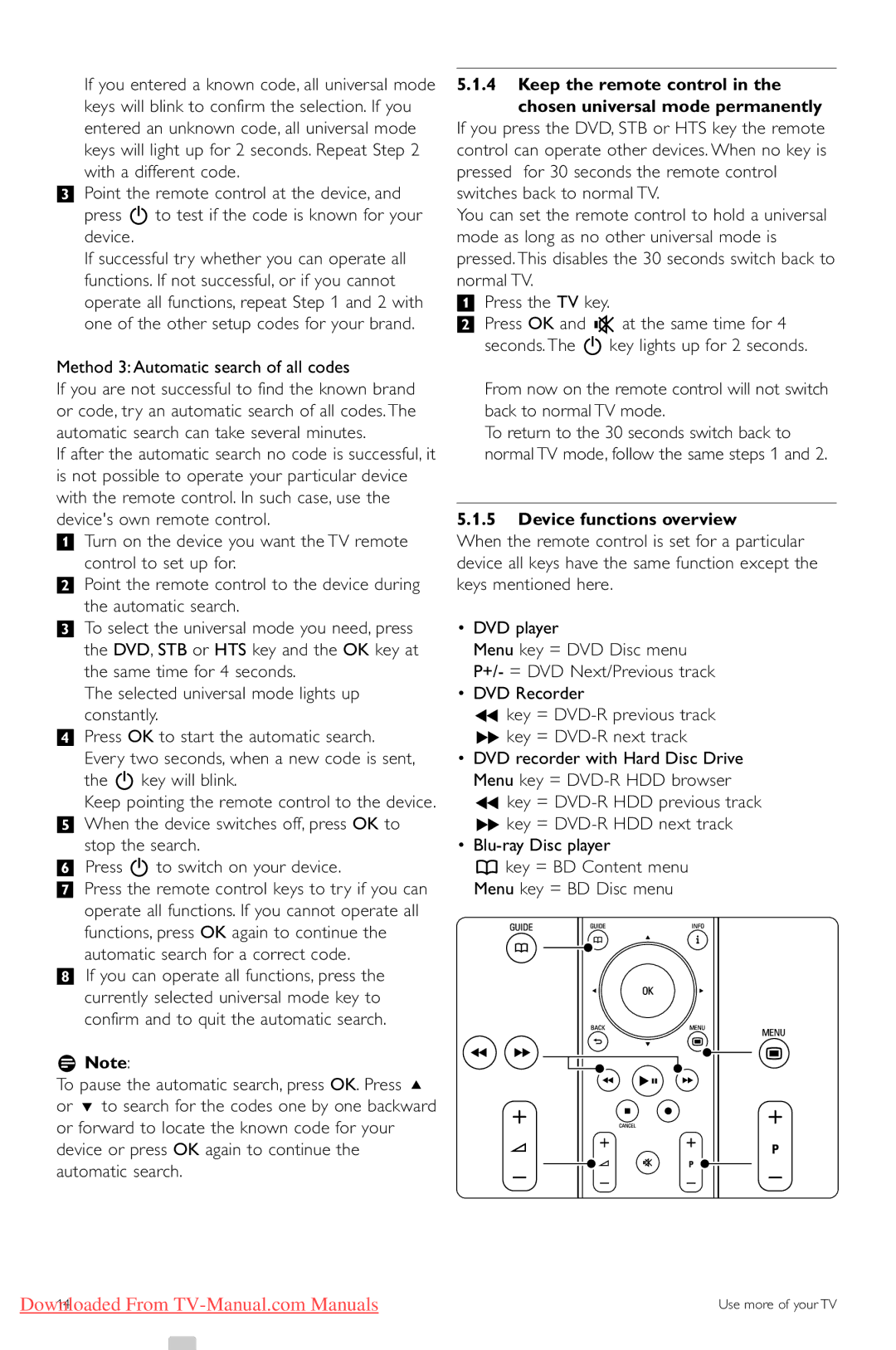 Philips 32PFL9613 manual Method 3Automatic search of all codes, Keep the remote control Chosen universal mode permanently 