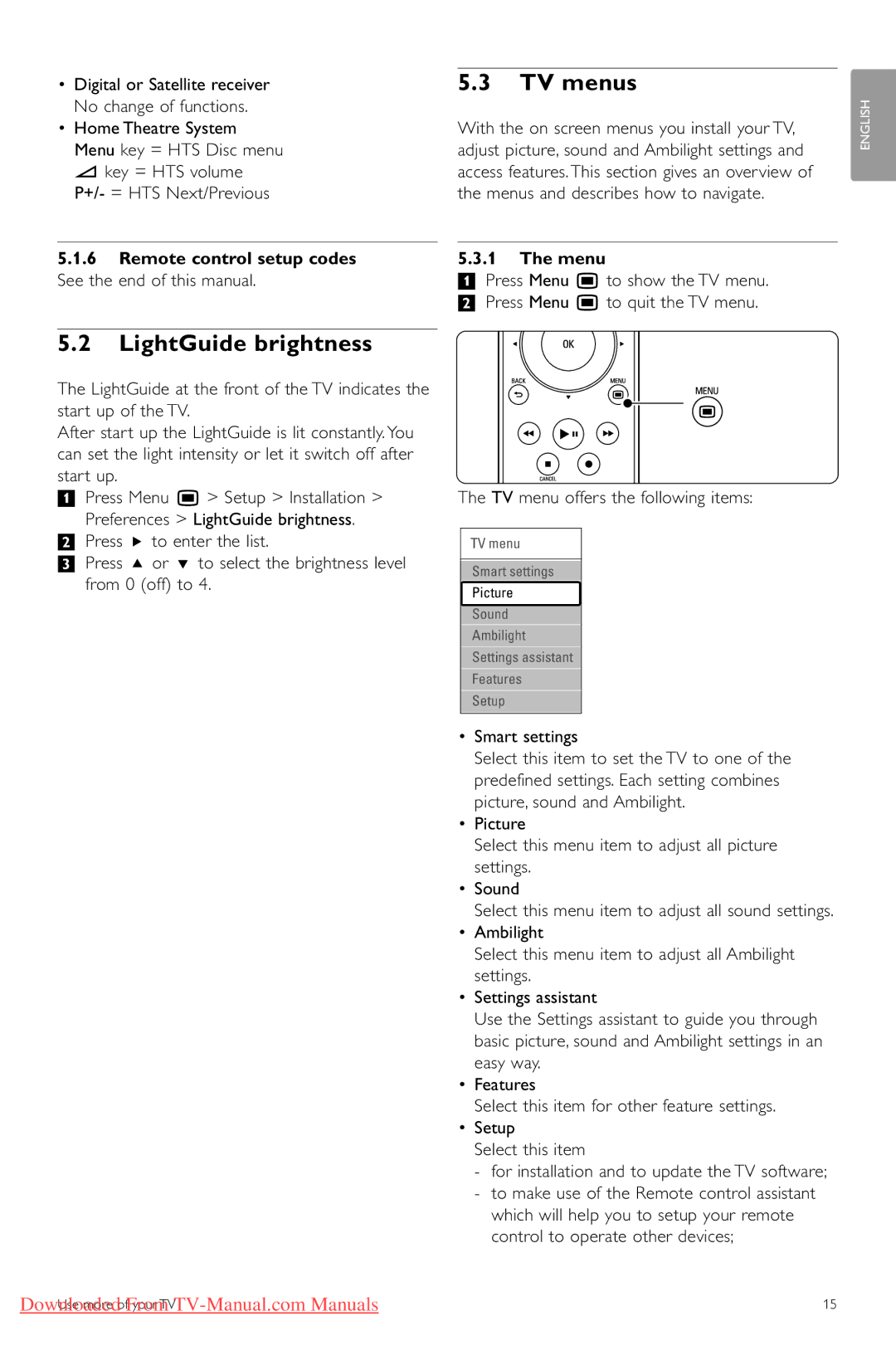 Philips 52PFL9703, 32PFL9603 TV menus, LightGuide brightness, Remote control setup codes See the end of this manual, Menu 