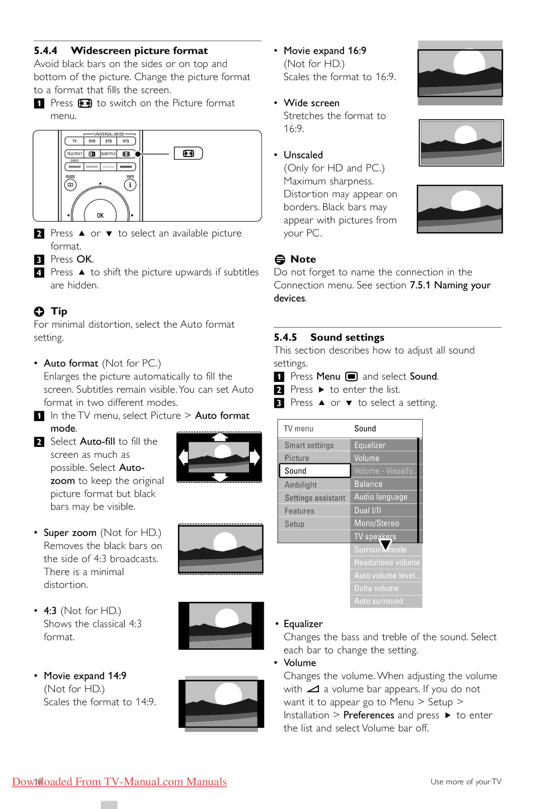 Philips 47PFL9603, 32PFL9603, 47PFL9703, 42PFL9803, 42PFL9603 ‡ Press q to switch on the Picture format menu, Sound settings 