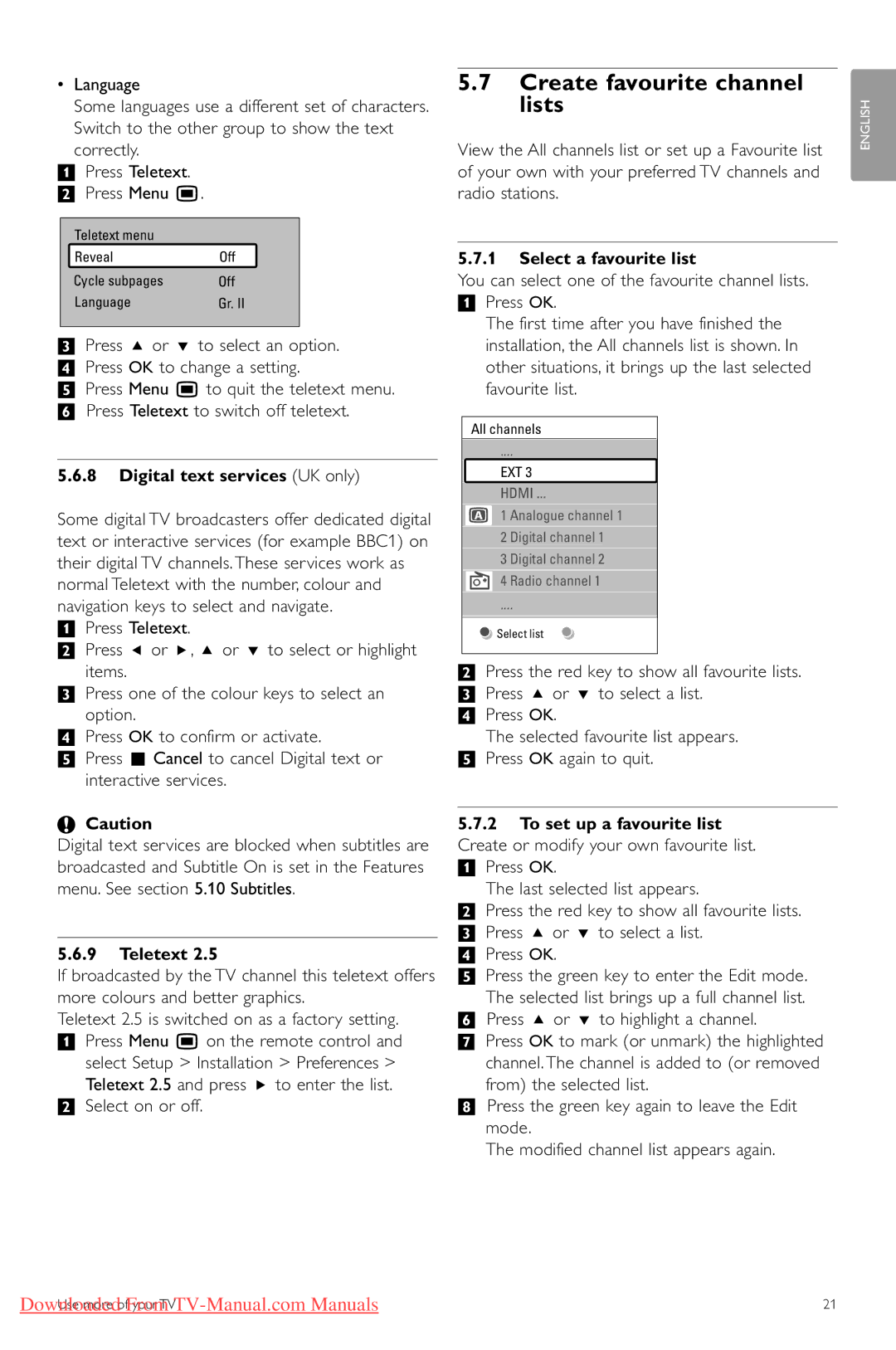 Philips 42PFL9703 manual Create favourite channel lists, Digital text services UK only, Teletext, Select a favourite list 