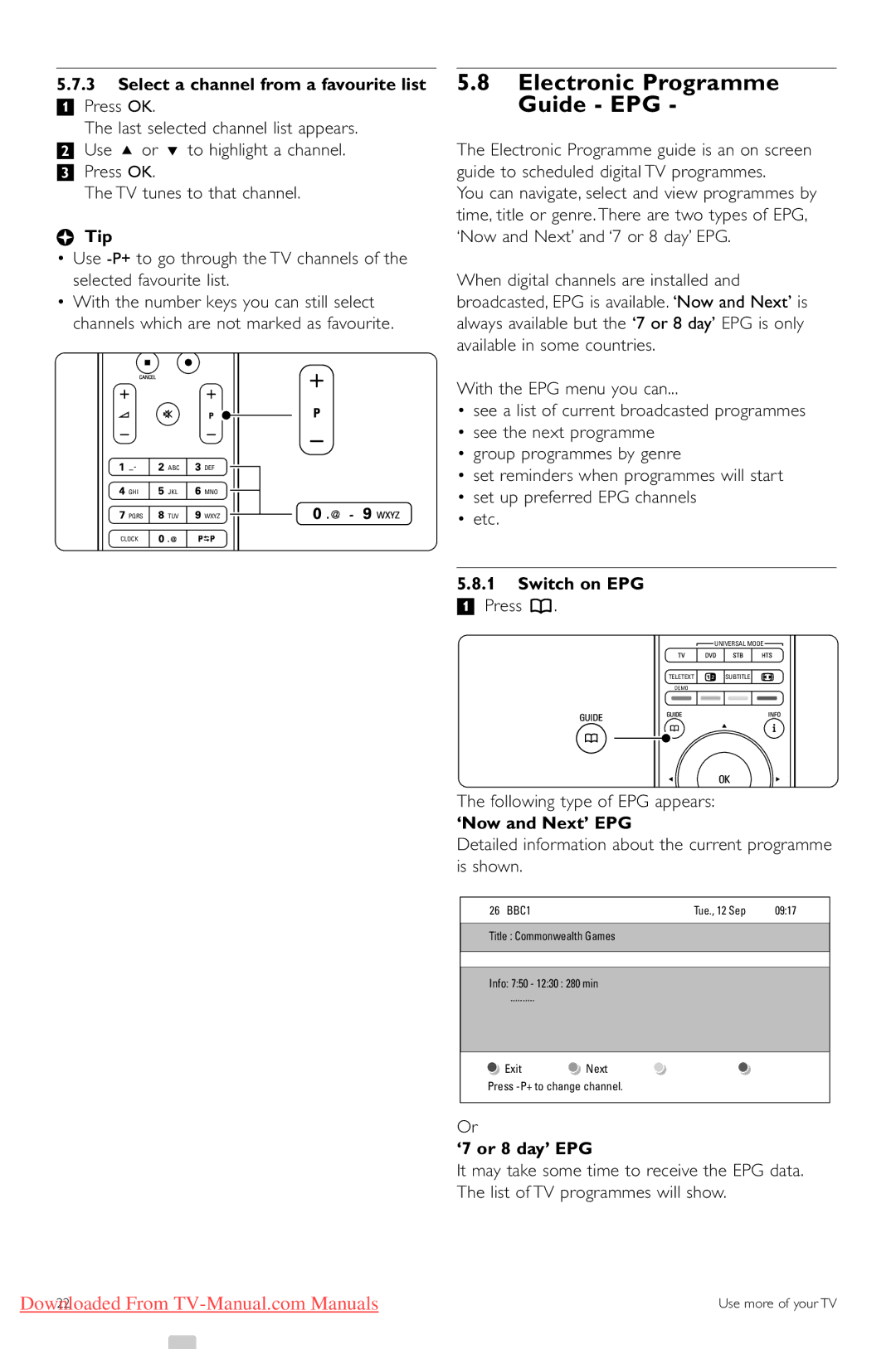 Philips 37PFL9603 Electronic Programme Guide EPG, Select a channel from a favourite list, Switch on EPG, ‘7 or 8 day’ EPG 