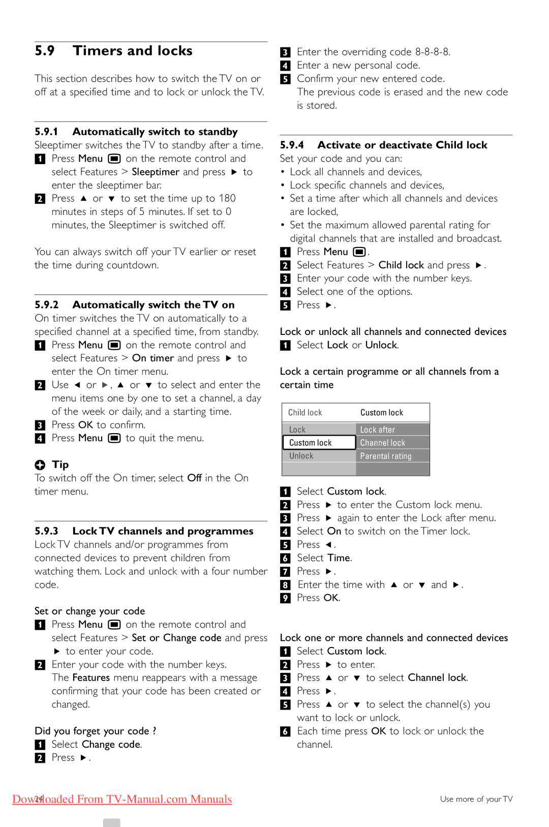 Philips 52PFL9703, 32PFL9603, 47PFL9703 Timers and locks, ÒPress OK to confirm † Press Menu Ï to quit the menu, Lock after 