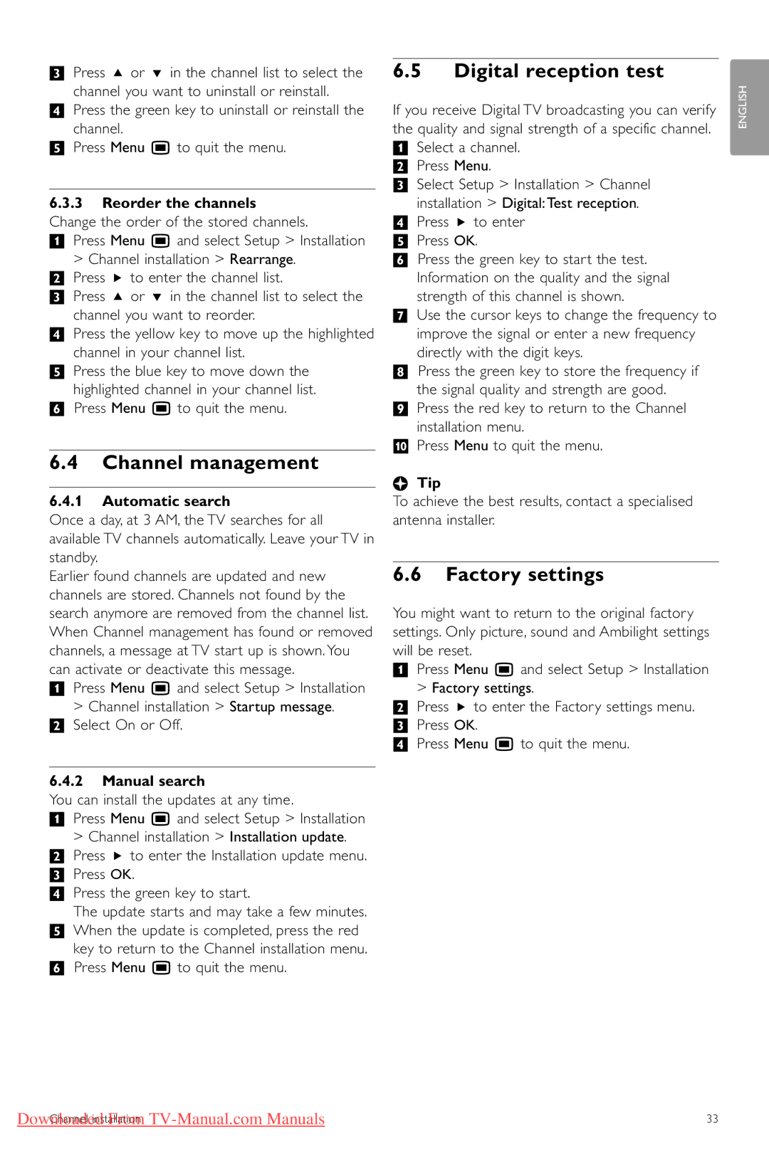 Philips 52PFL9703, 32PFL9603, 47PFL9703, 47PFL9603, 42PFL9803 Channel management, Digital reception test, Factory settings 