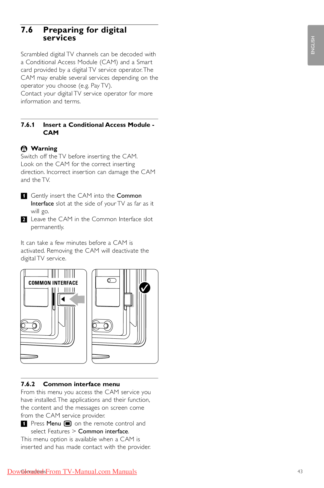 Philips 32PFL9603, 47PFL9703 Preparing for digital services, Insert a Conditional Access Module, Common interface menu 