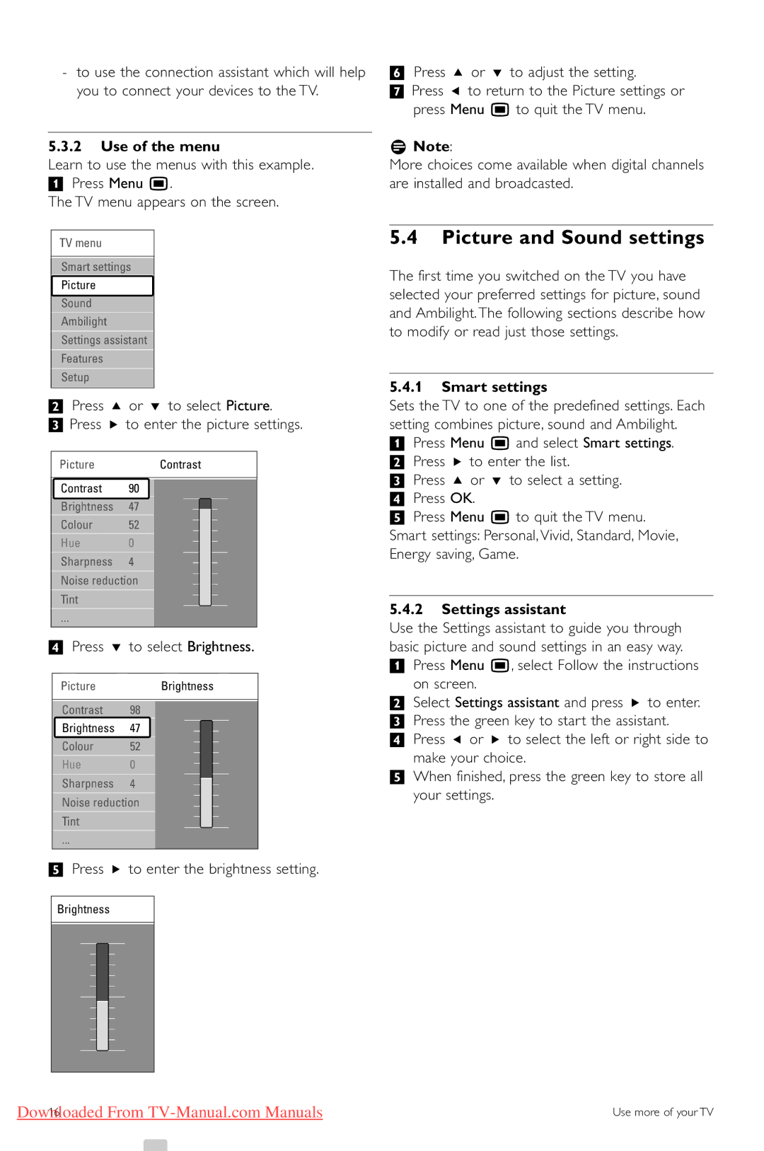 Philips 32PFL9603, 47PFL9703, 47PFL9603 Picture and Sound settings, Use of the menu, Smart settings, Settings assistant 