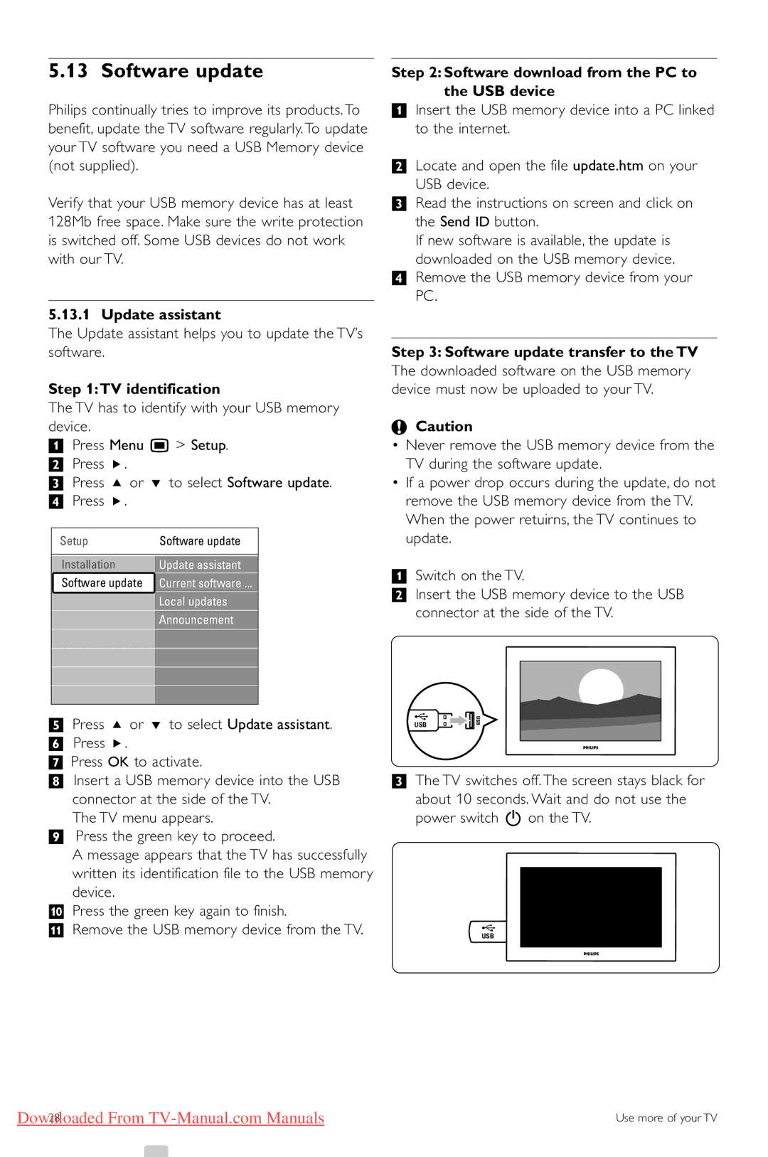 Philips 42PFL9803 Software update, Update assistant, TV identification, Software download from the PC to the USB device 