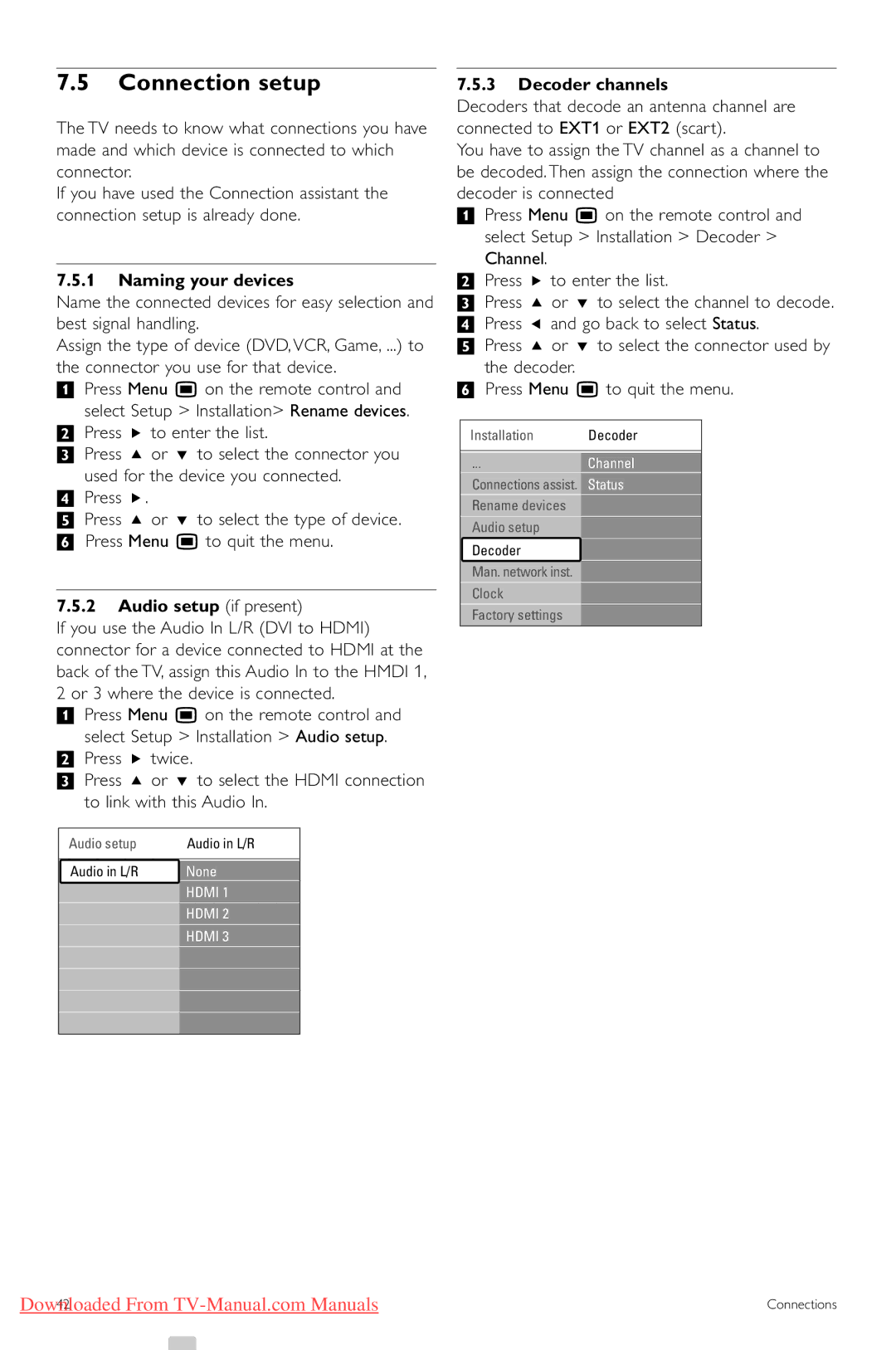 Philips 52PFL9703, 32PFL9603, 47PFL9703 Connection setup, Naming your devices, Audio setup if present, Decoder channels 