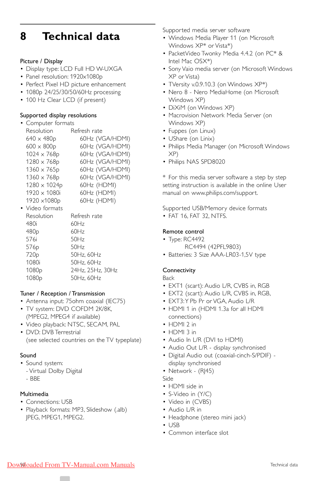 Philips 32PFL9613, 32PFL9603, 47PFL9703, 47PFL9603, 42PFL9803, 42PFL9603, 42PFL9703 manual Technical data, Common interface slot 