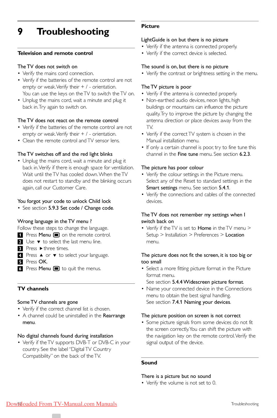 Philips 32PFL9603, 47PFL9703, 47PFL9603 manual Troubleshooting, Television and remote control, TV channels, Picture, Sound 