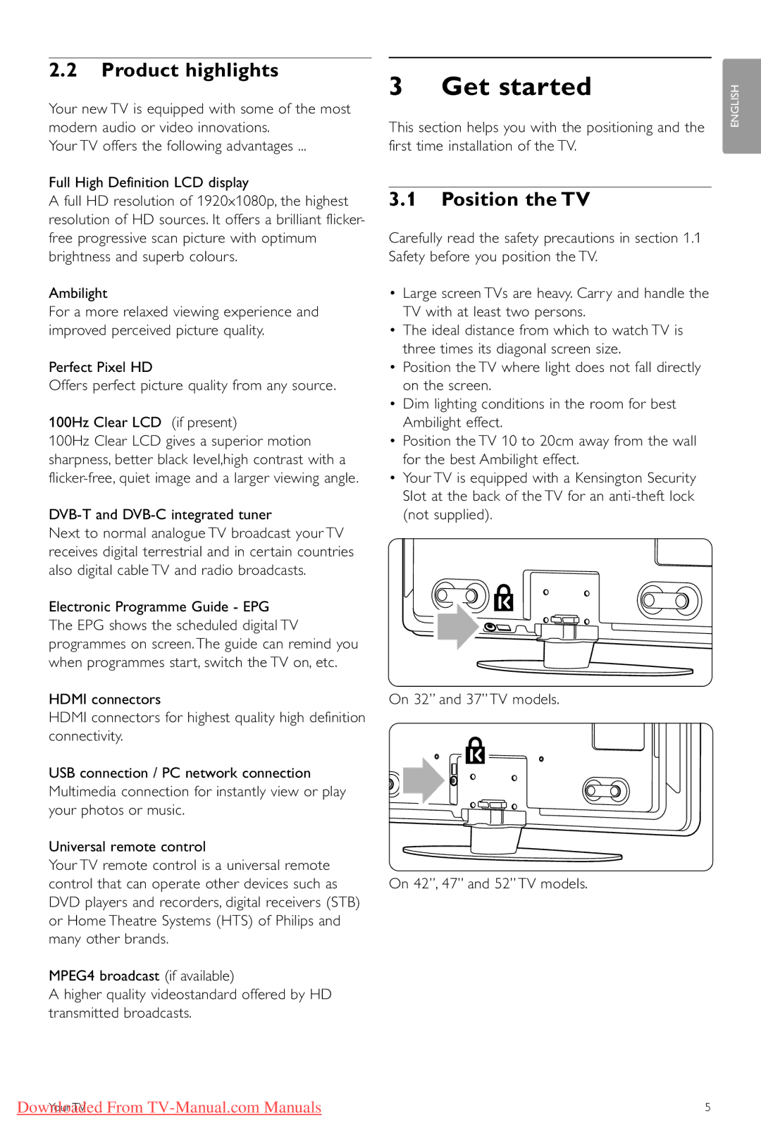 Philips 32PFL9613, 32PFL9603, 47PFL9703 Get started, Product highlights, Position the TV, DVB-T and DVB-C integrated tuner 