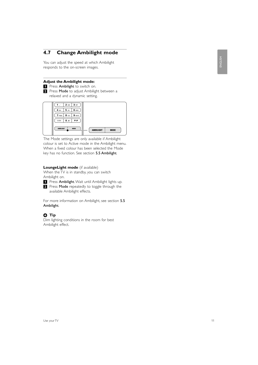 Philips 32PFL9603 manual Change Ambilight mode, Adjust the Ambilight mode, LoungeLight mode if available, Tip 