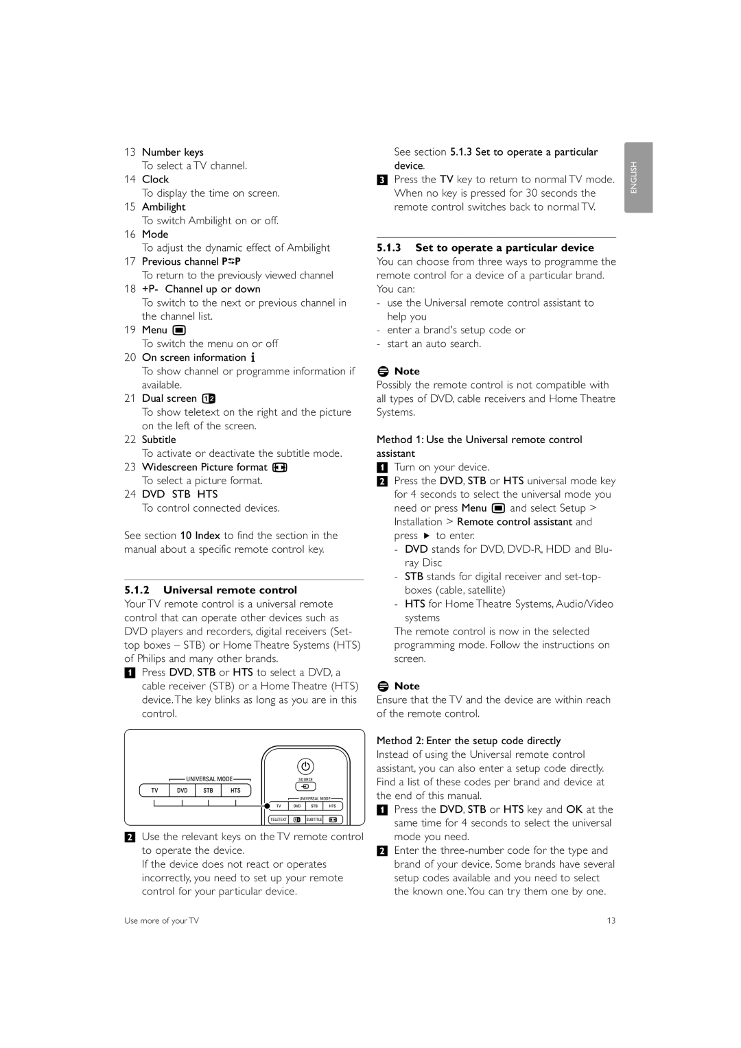 Philips 32PFL9603 manual To control connected devices, Universal remote control 