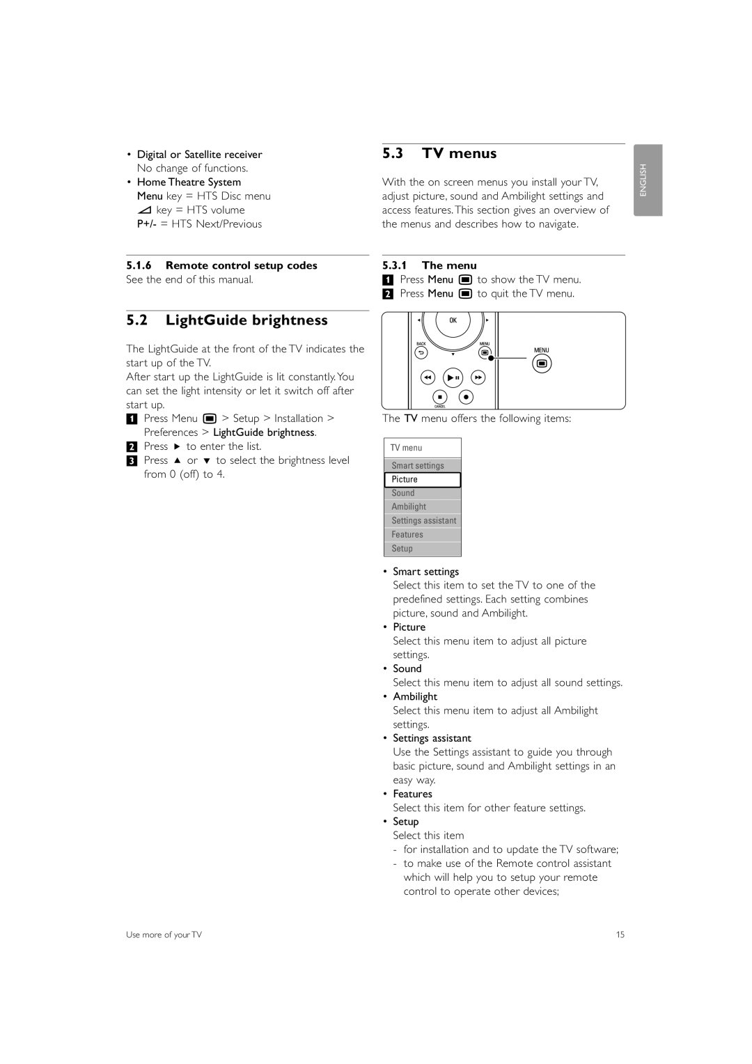 Philips 32PFL9603 TV menus, LightGuide brightness, Remote control setup codes See the end of this manual, Menu 