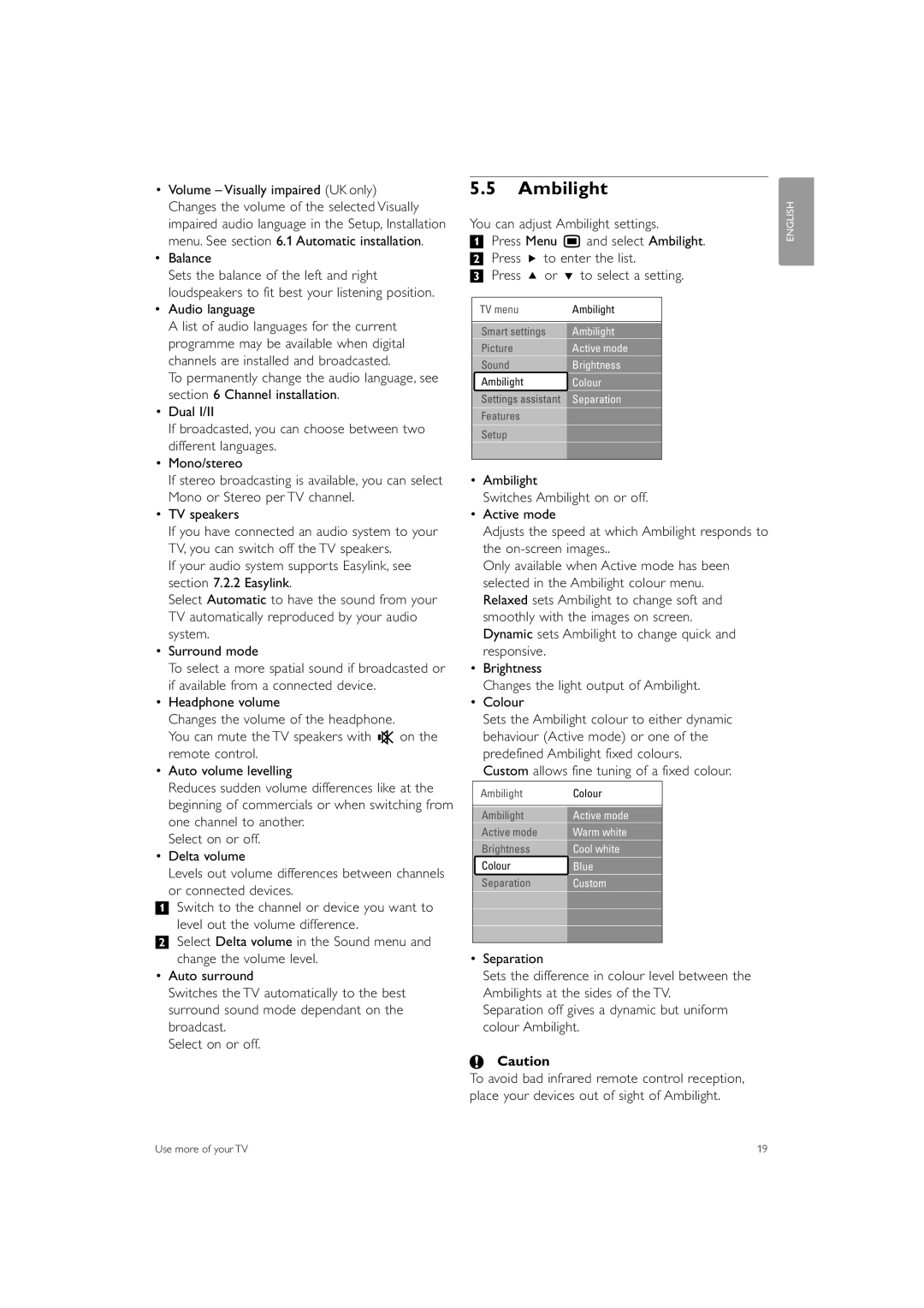 Philips 32PFL9603 manual Ambilight, Balance, Audio language 