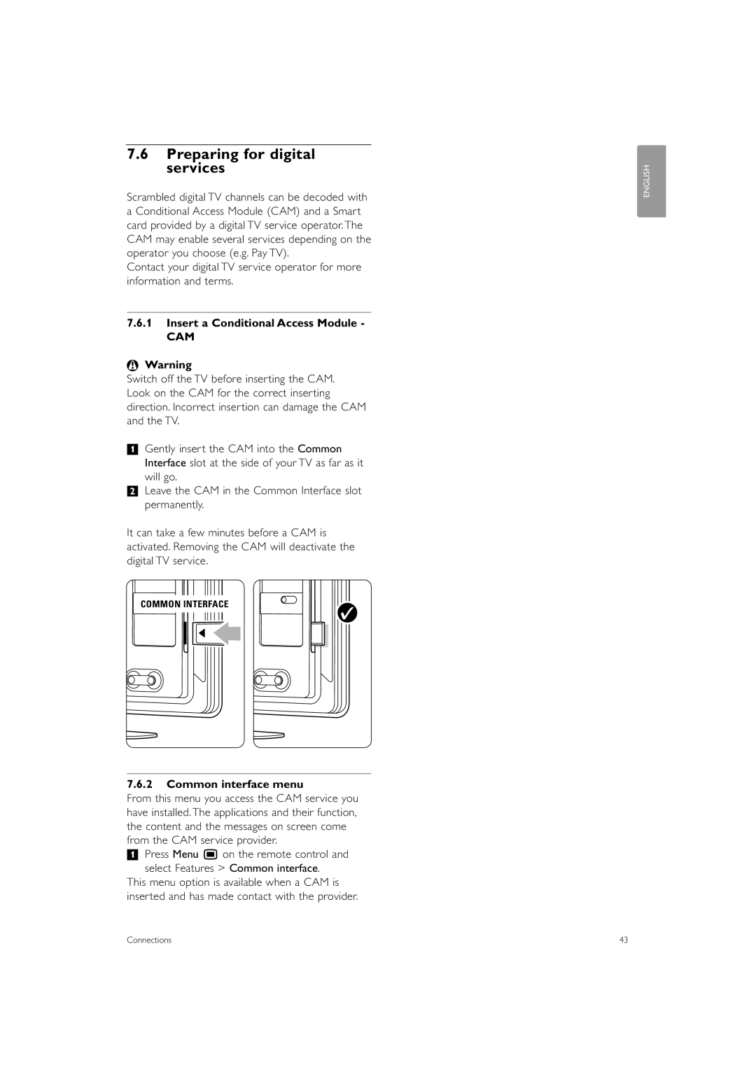 Philips 32PFL9603 manual Preparing for digital services, Insert a Conditional Access Module, Common interface menu 