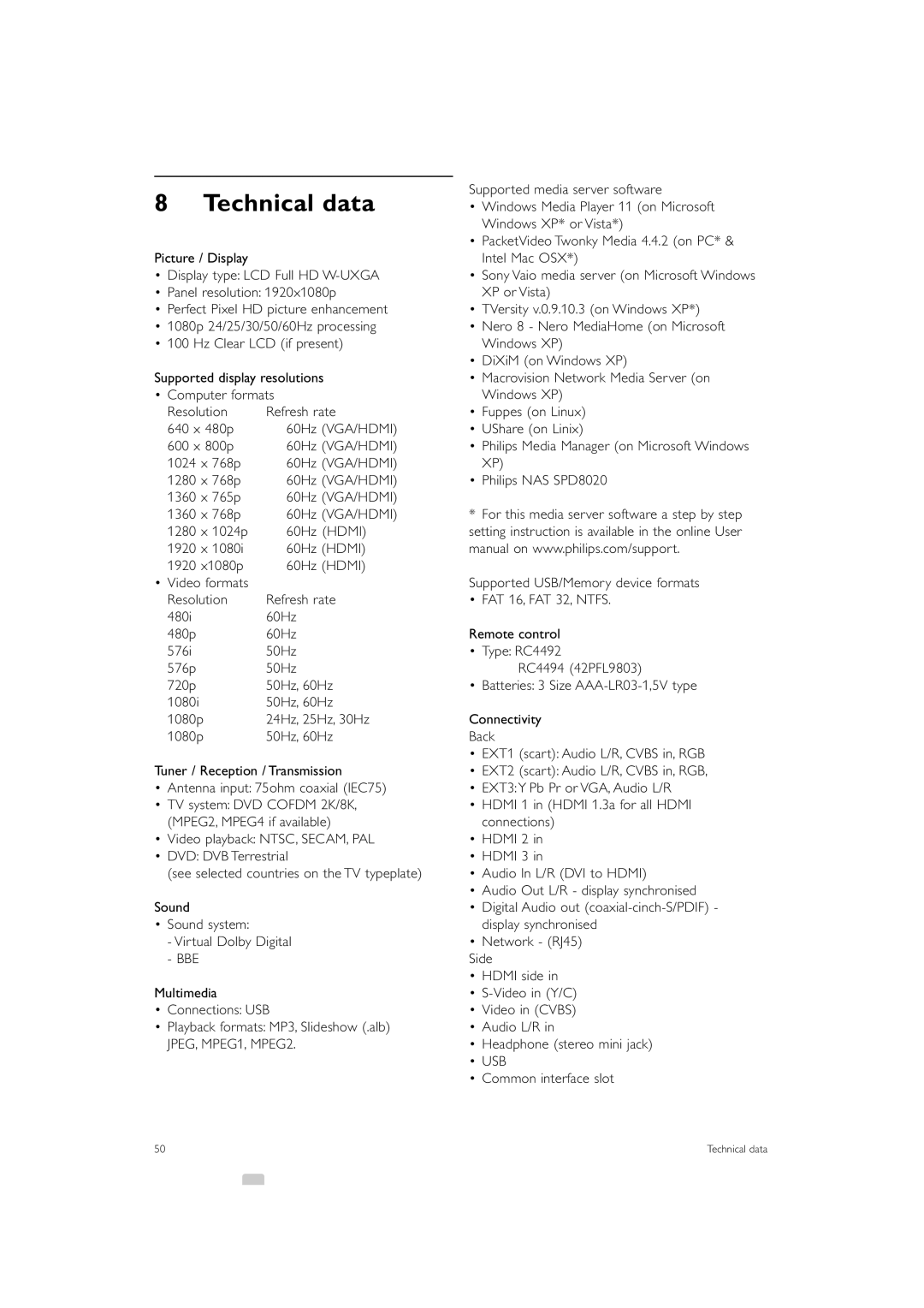 Philips 32PFL9603 manual Technical data, Common interface slot 