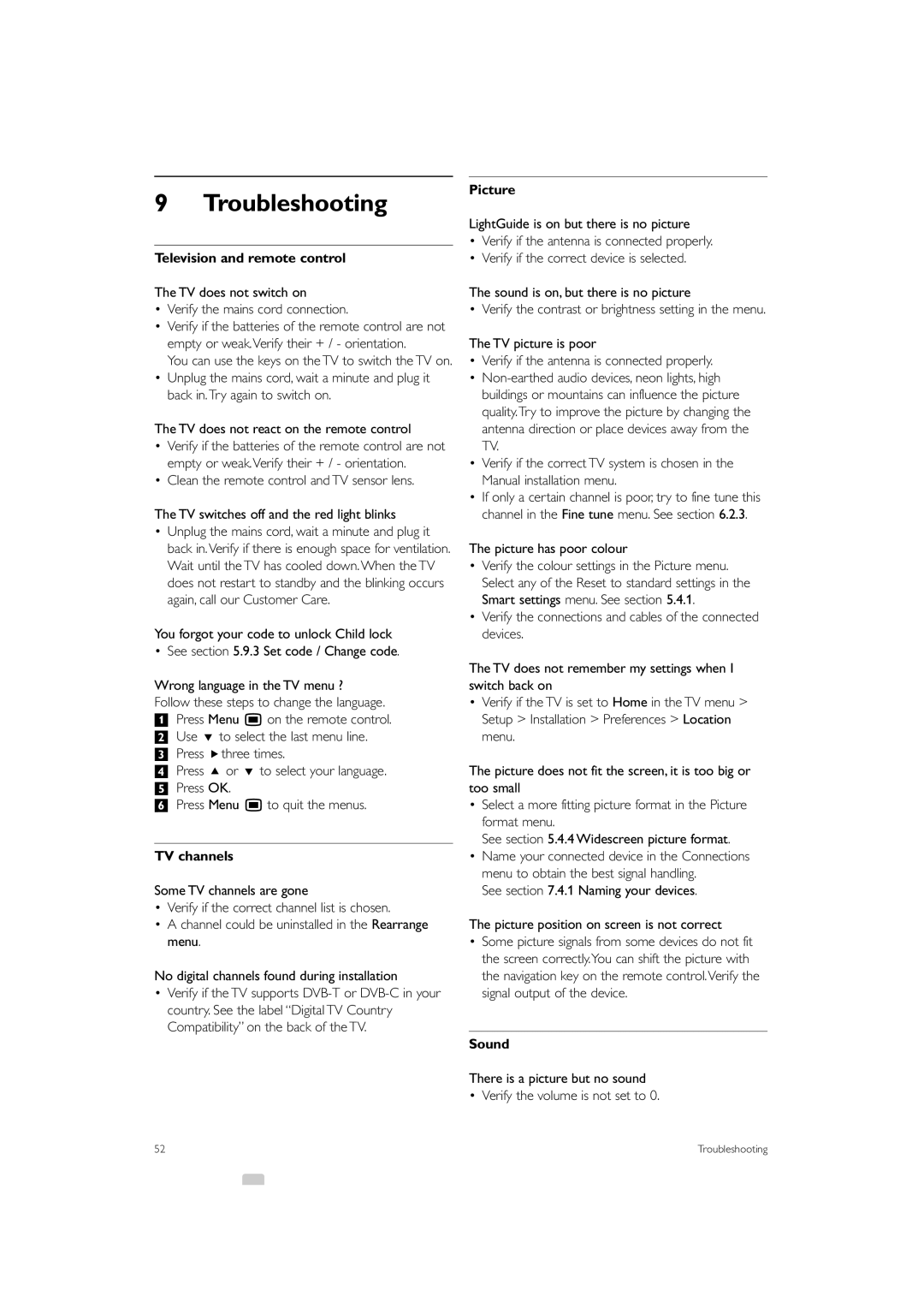 Philips 32PFL9603 manual Troubleshooting, Television and remote control, TV channels, Picture, Sound 