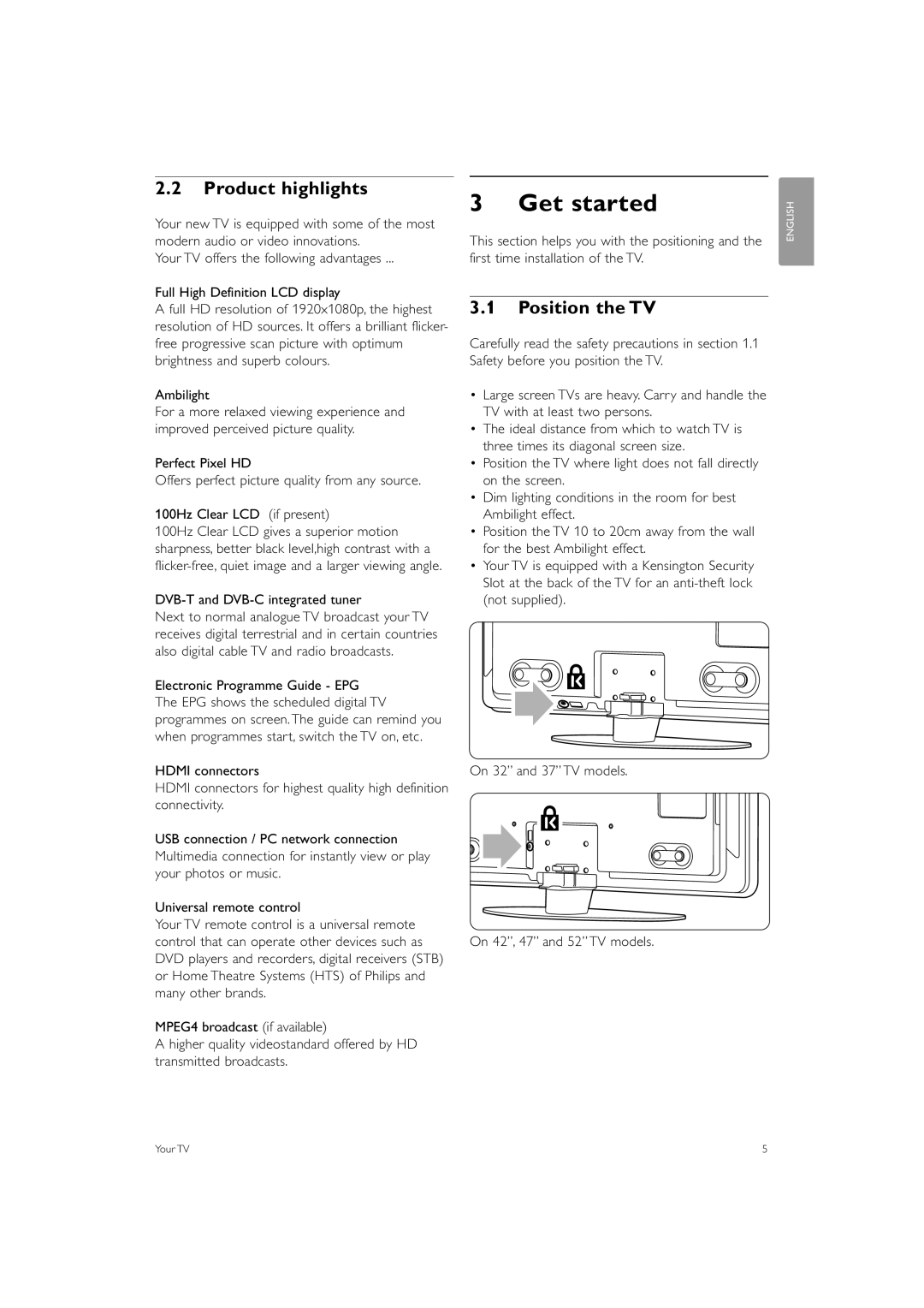 Philips 32PFL9603 manual Get started, Product highlights, Position the TV, DVB-T and DVB-C integrated tuner 