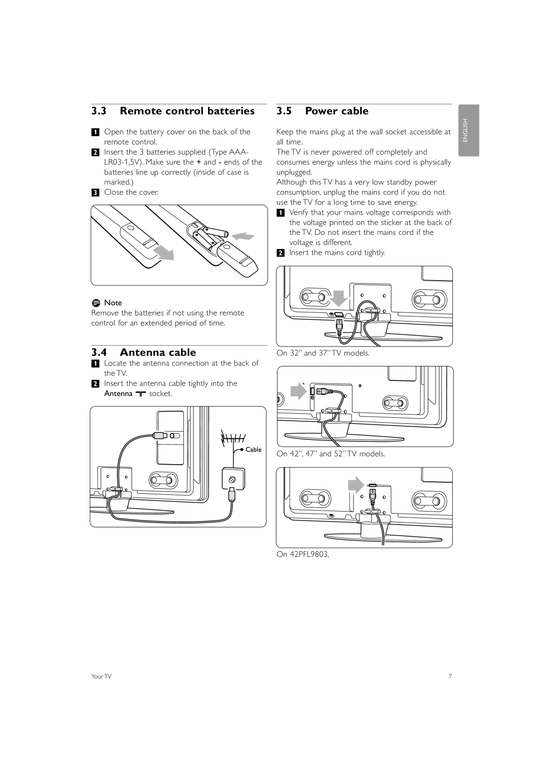 Philips 32PFL9603 manual Remote control batteries, Power cable, Antenna cable, Marked Close the cover RNote 