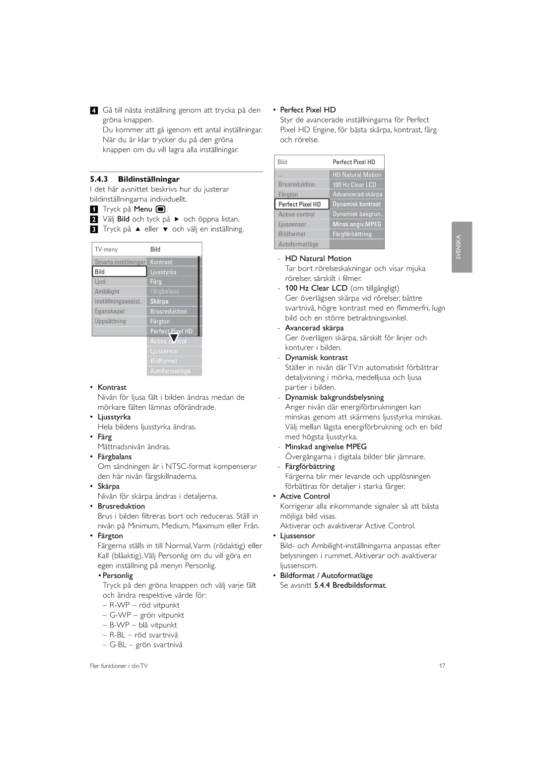 Philips 32PFL9613 manual Bildinställningar, ‡ Tryck på Menu Ï, Kontrast, Färgton 