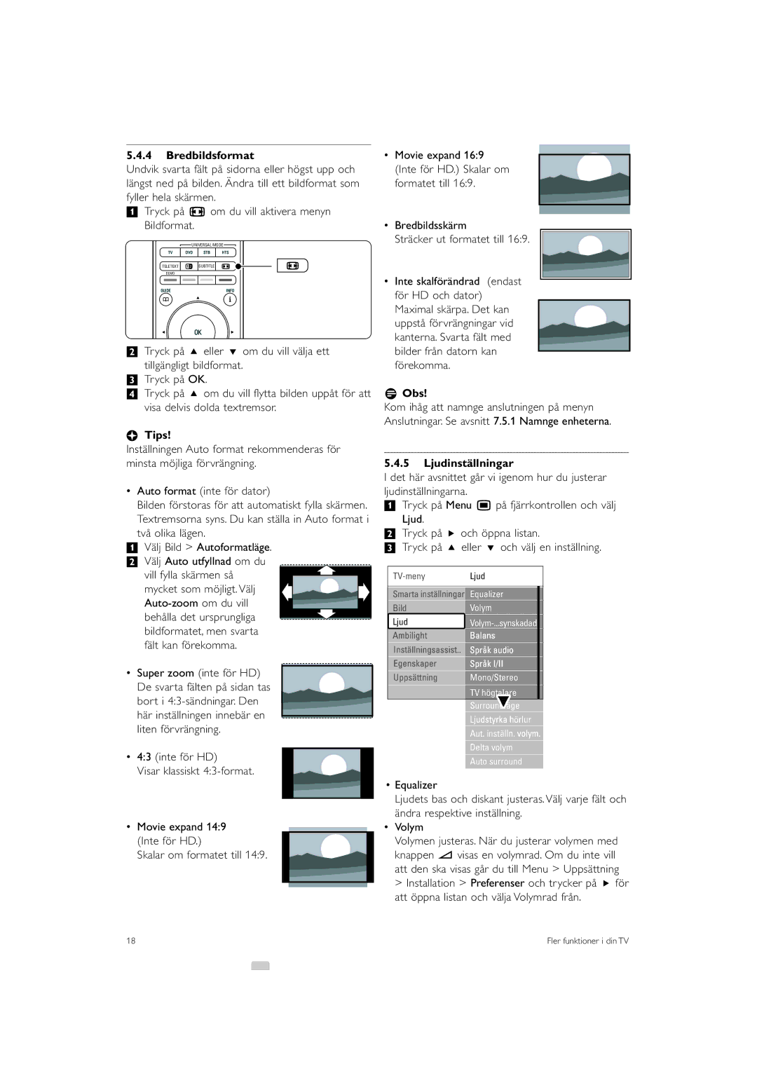 Philips 32PFL9613 manual Bredbildsformat, Auto format inte för dator, Ljudinställningar 