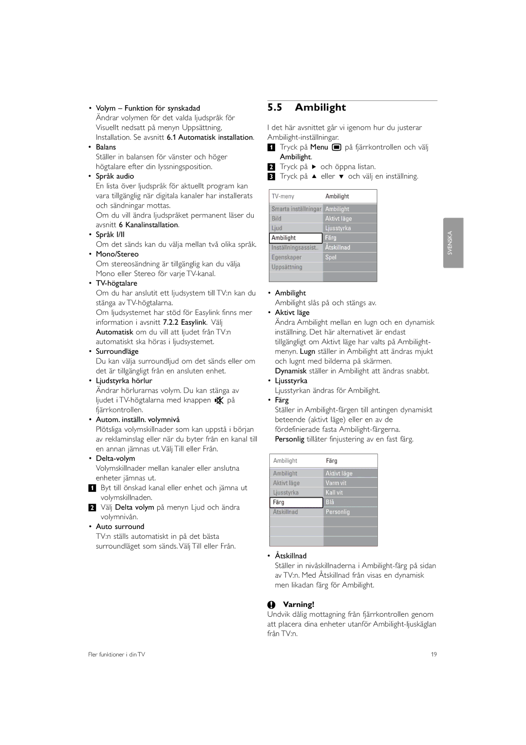 Philips 32PFL9613 manual Ambilight, Volym Funktion för synskadad, Balans, Mono/Stereo 