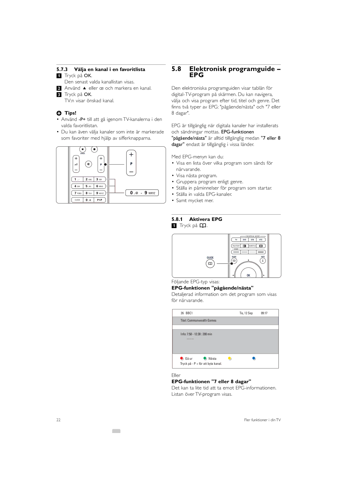 Philips 32PFL9613 manual Elektronisk programguide, 3 Välja en kanal i en favoritlista, Aktivera EPG 