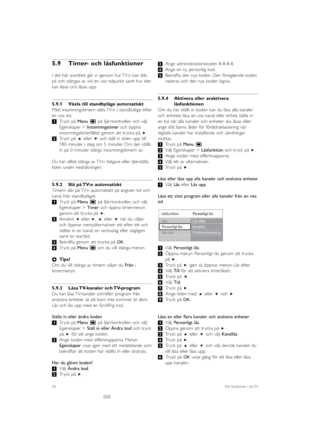 Philips 32PFL9613 manual Timer- och låsfunktioner, 2 Slå på TVn automatiskt, Aktivera eller avaktivera Låsfunktionen 