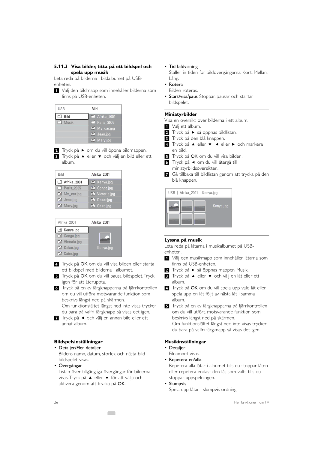 Philips 32PFL9613 manual Visa bilder, titta på ett bildspel och spela upp musik, Bildspelsinställningar, Miniatyrbilder 