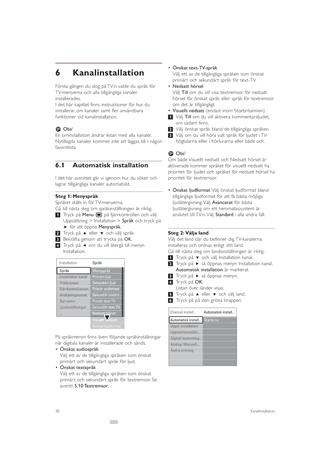 Philips 32PFL9613 manual Kanalinstallation, Automatisk installation, Steg 1 Menyspråk, Önskat audiospråk, Steg 2 Välja land 