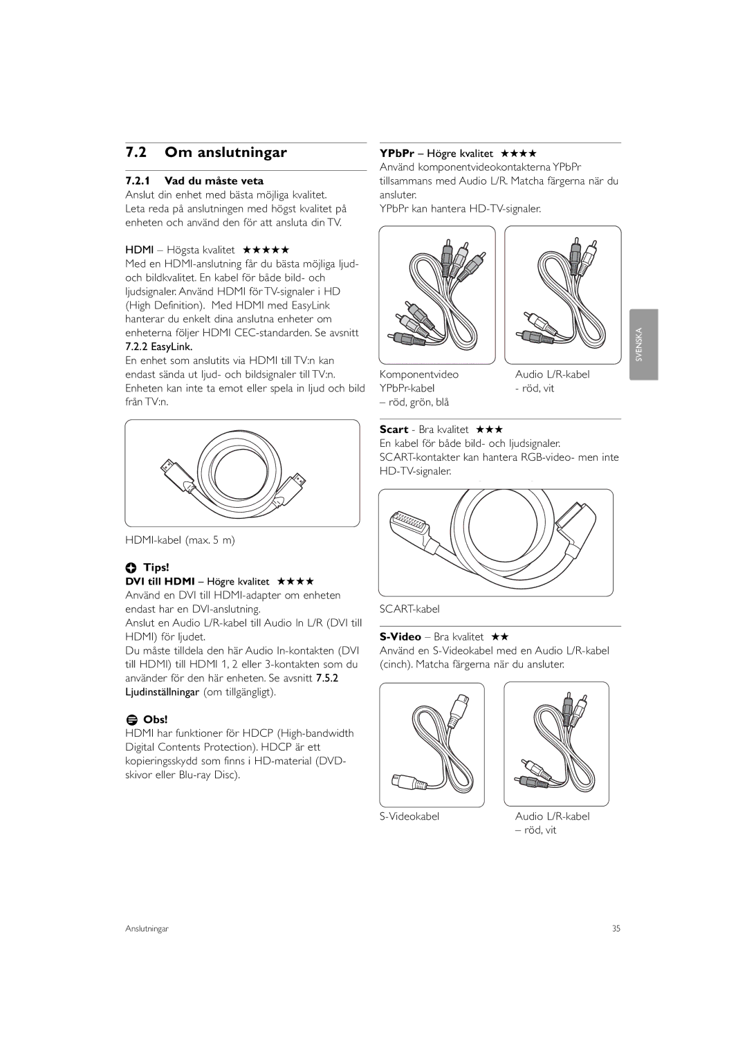 Philips 32PFL9613 Om anslutningar, Vad du måste veta, YPbPr-kabel Röd, vit Röd, grön, blå, HDMI-kabel max m, Videokabel 