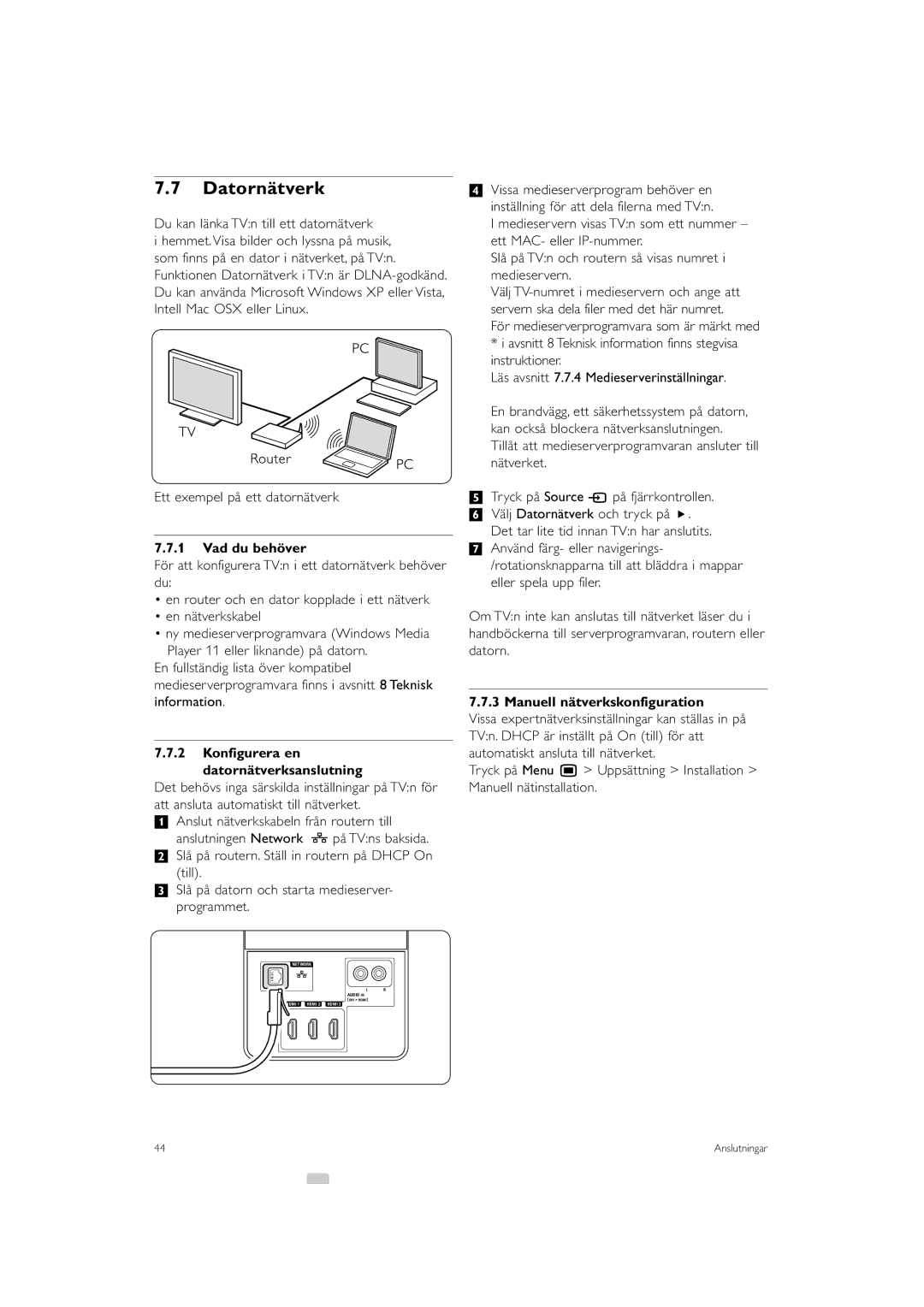 Philips 32PFL9613 manual Vad du behöver, Konfigurera en Datornätverksanslutning, Manuell nätverkskonfiguration 