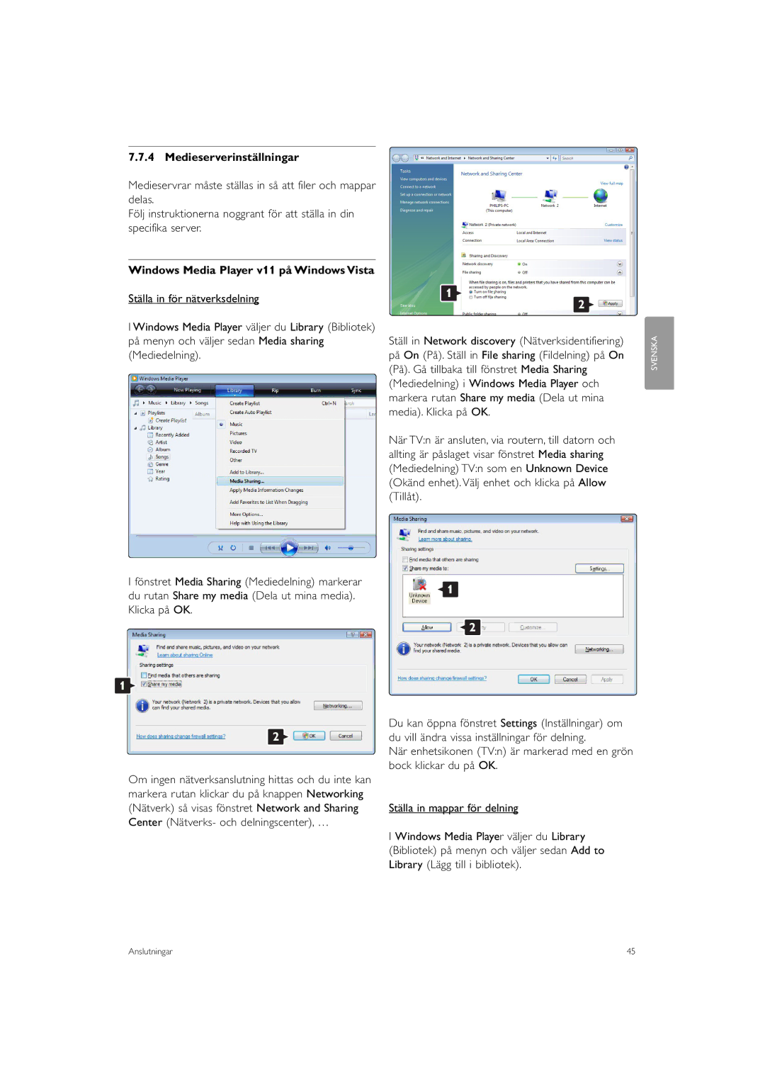 Philips 32PFL9613 manual Medieserverinställningar, Windows Media Player v11 på Windows Vista 