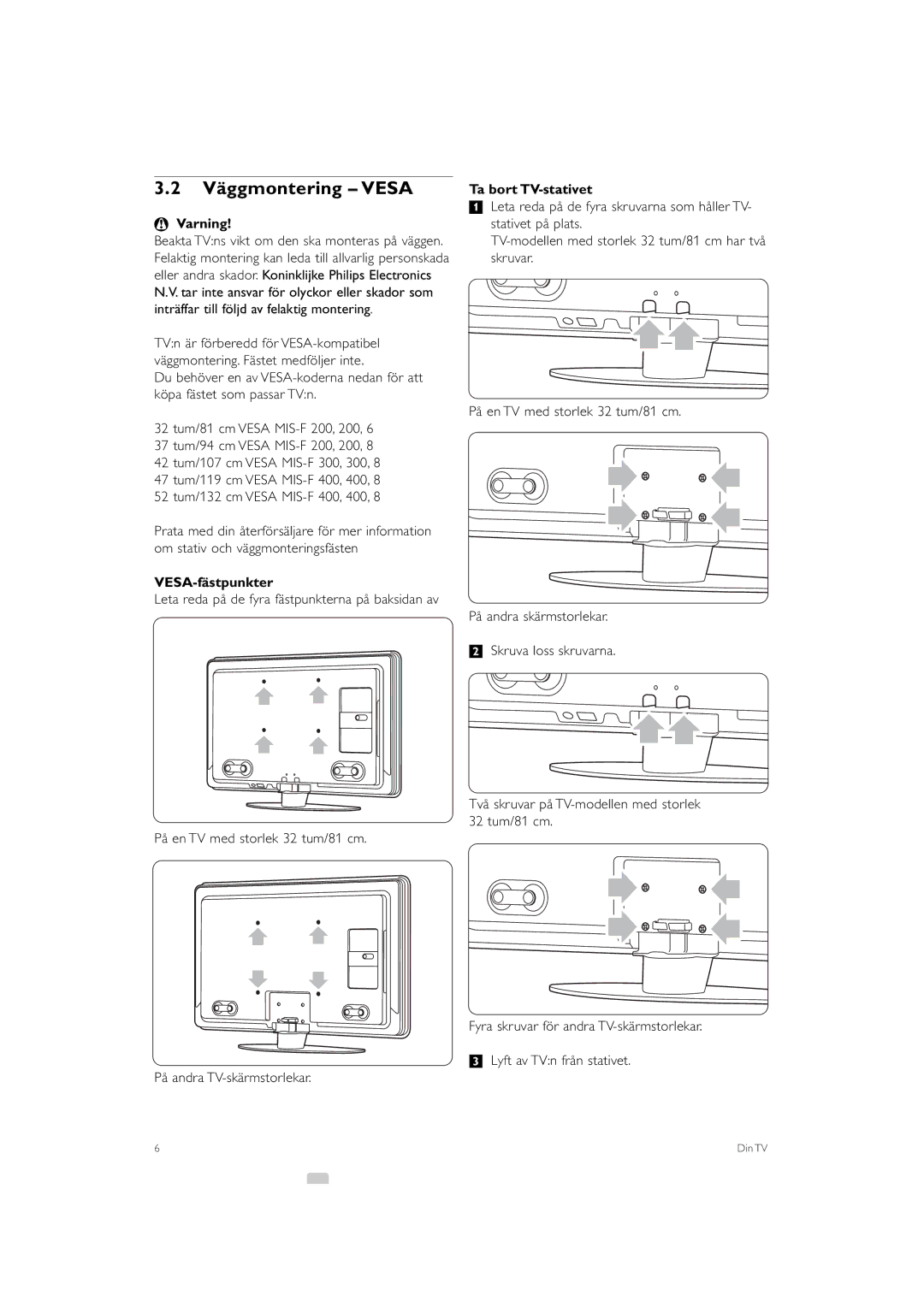 Philips 32PFL9613 manual Väggmontering Vesa, Varning, VESA-fästpunkter, Ta bort TV-stativet 