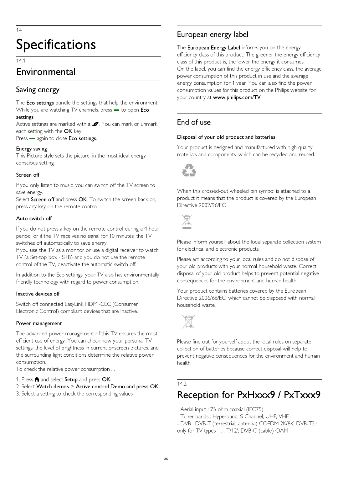 Philips 50PFT4319, 32PHT4309, 32PHT4319, 32PFH4399, 32PFH4309 Specifications, Environmental, Reception for PxHxxx9 / PxTxxx9 