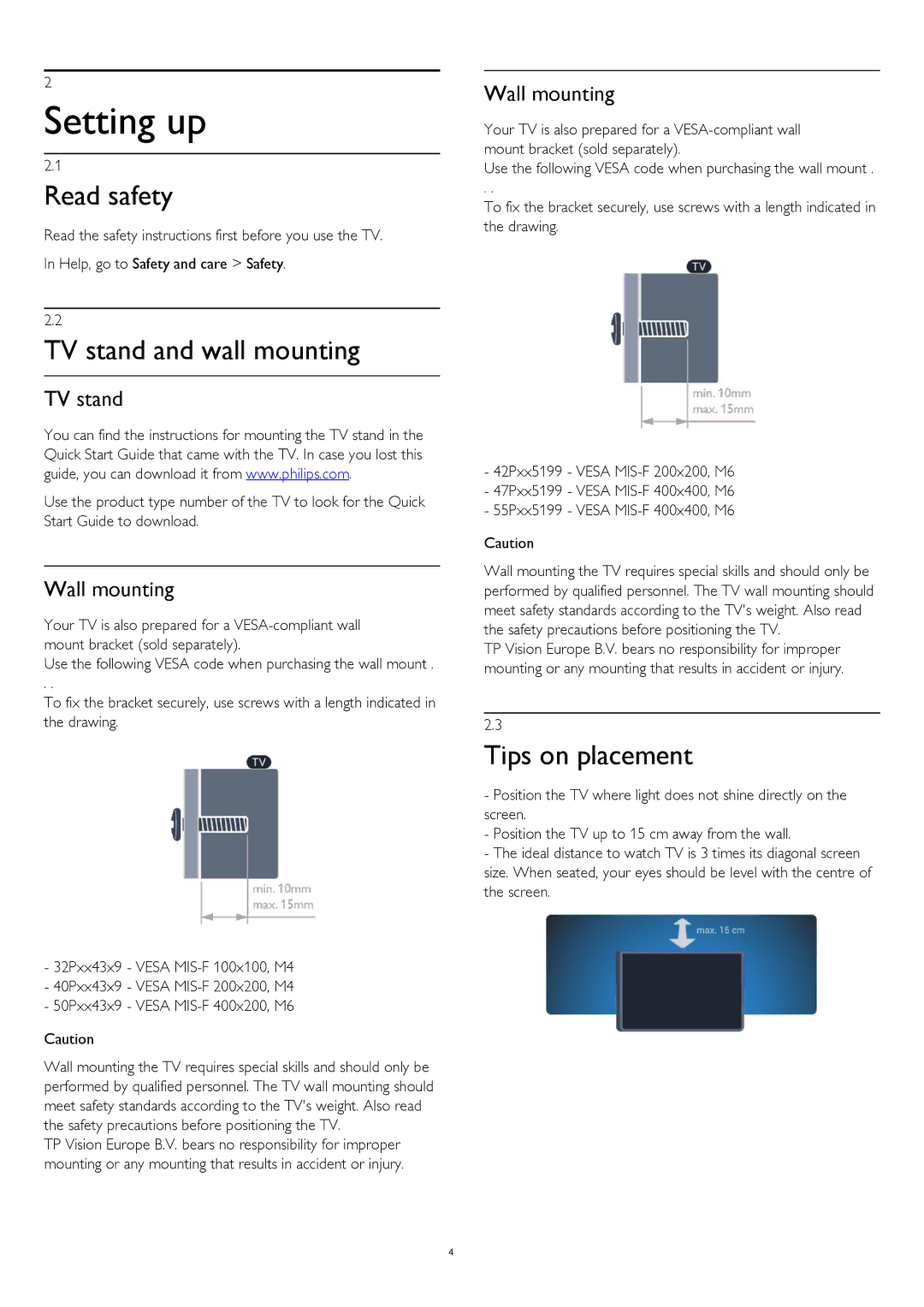 Philips 32PHH4329, 32PHT4309, 32PHT4319, 32PFH4399 Setting up, Read safety, TV stand and wall mounting, Tips on placement 