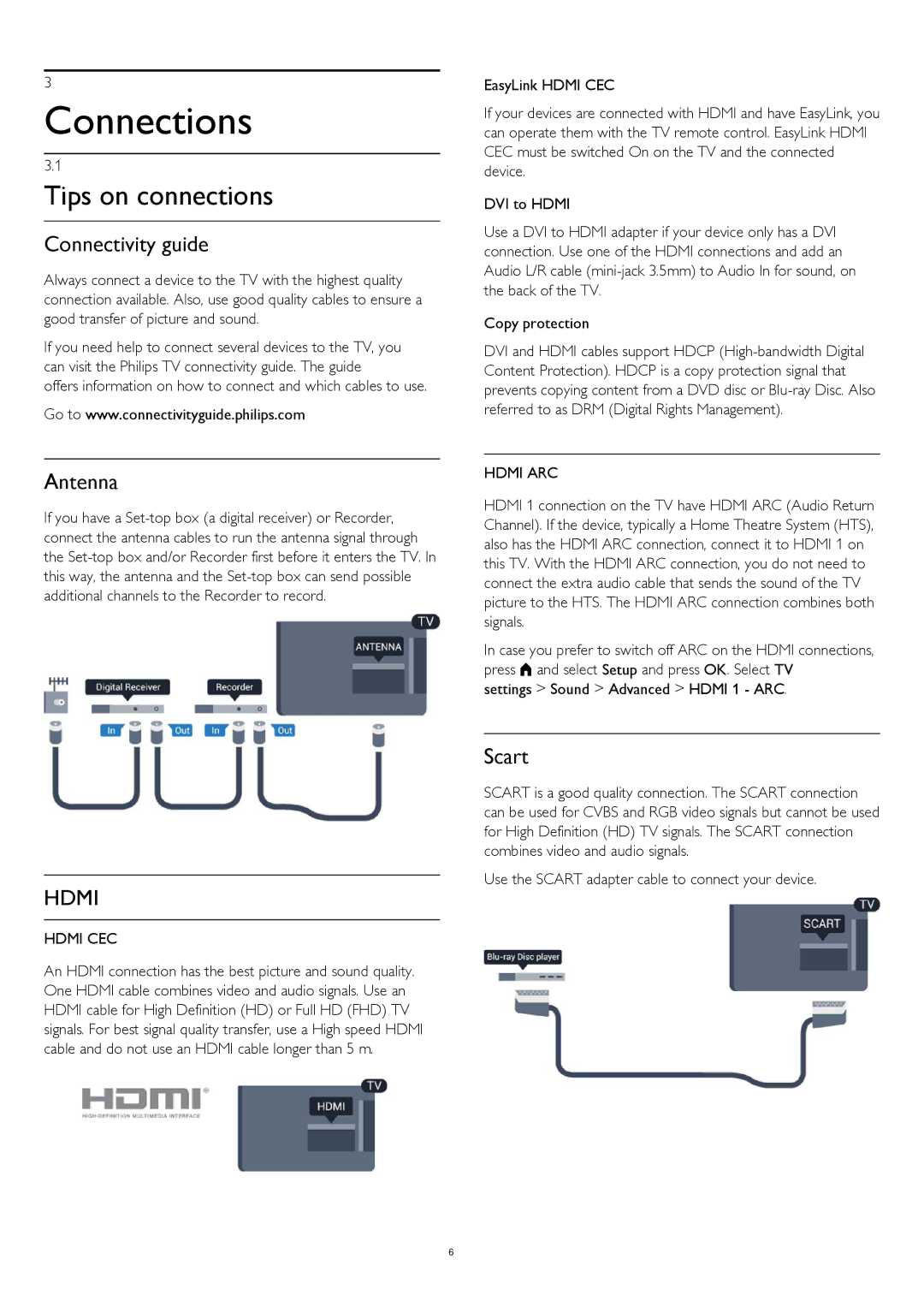 Philips 32PHH4309, 32PHT4309, 32PHT4319, 32PFH4399 Connections, Tips on connections, Connectivity guide, Antenna, Scart 