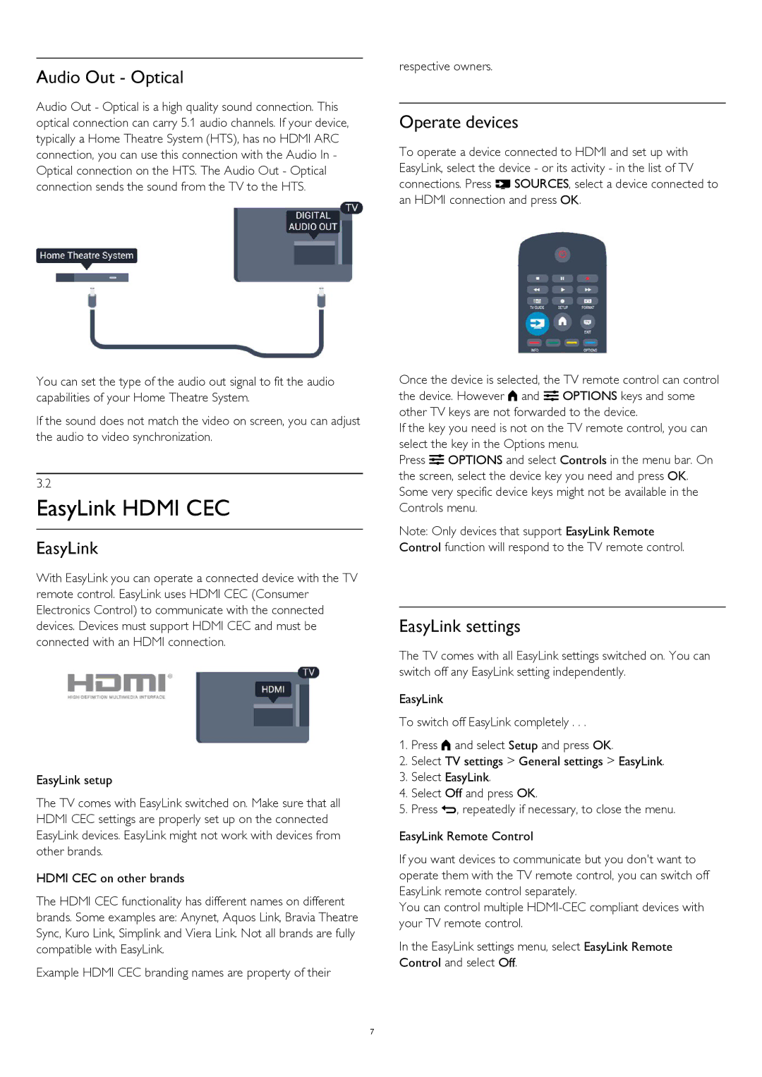 Philips 32PFT4309, 32PHT4309, 32PHT4319, 32PFH4399 EasyLink Hdmi CEC, Audio Out Optical, Operate devices, EasyLink settings 