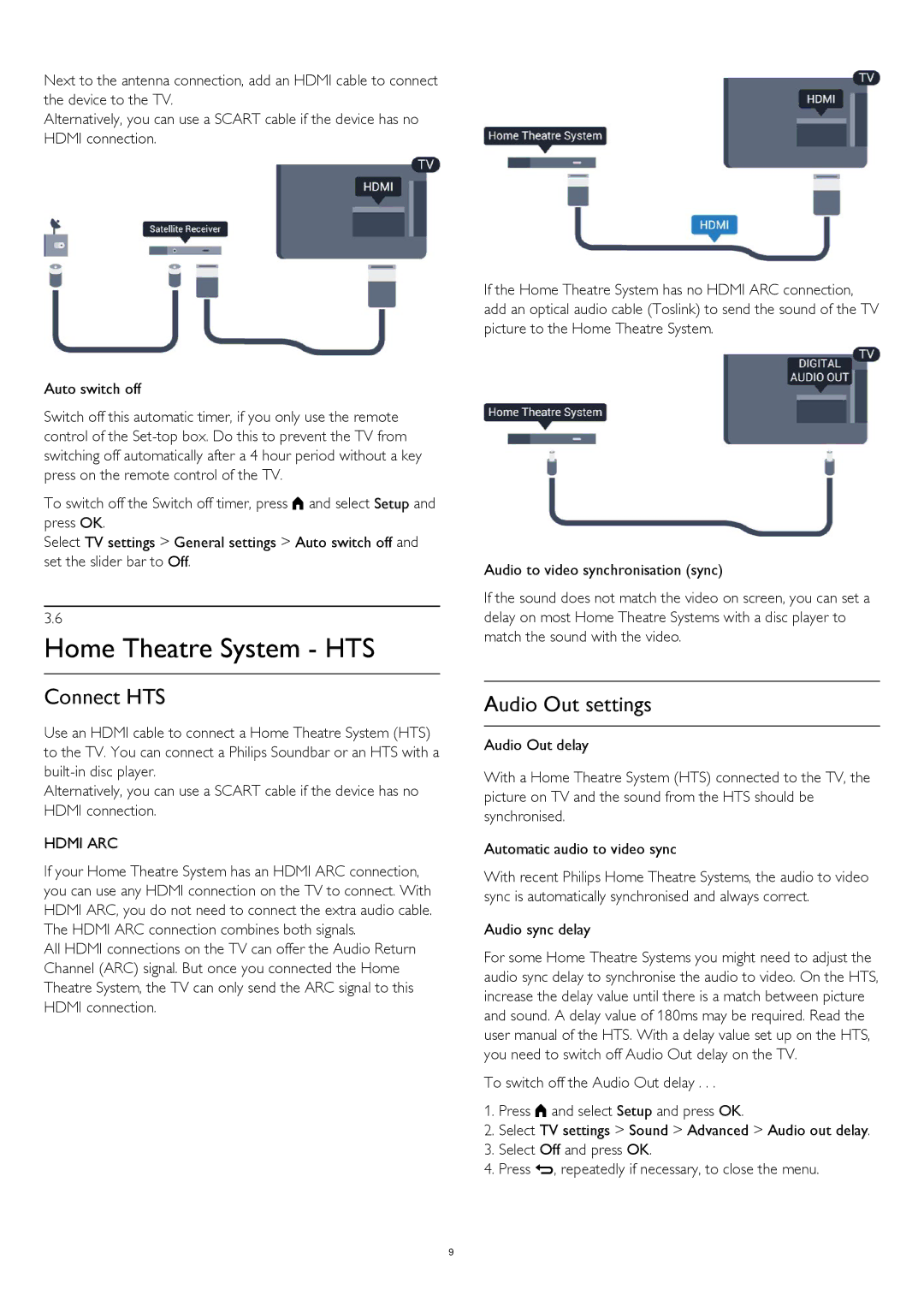 Philips 40PFH4329, 32PHT4309, 32PHT4319, 32PFH4399, 32PFH4309 Home Theatre System HTS, Connect HTS, Audio Out settings 