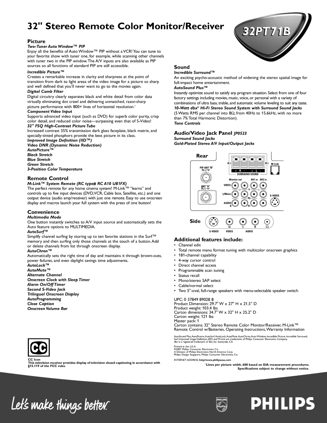 Philips 32PT 71B manual Picture, Sound, Remote Control, Audio/Video Jack Panel JP0523, Rear, Convenience, Side 