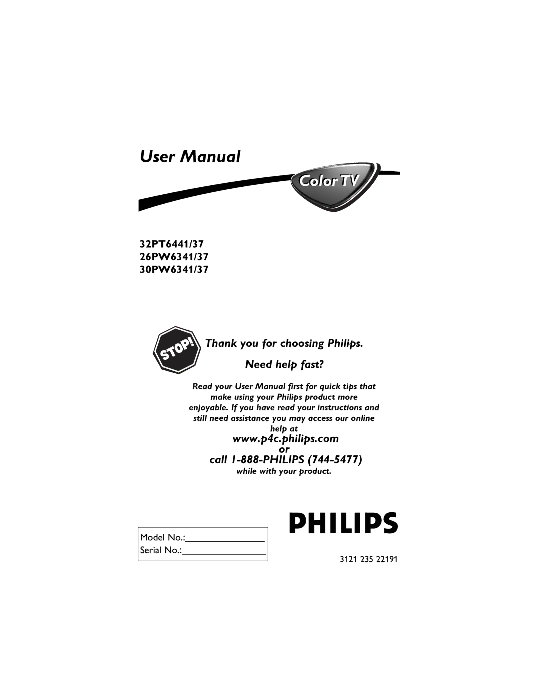 Philips 30PW6341/37, 32PT6441/37, 26PW6341/37 user manual Colorl TV 