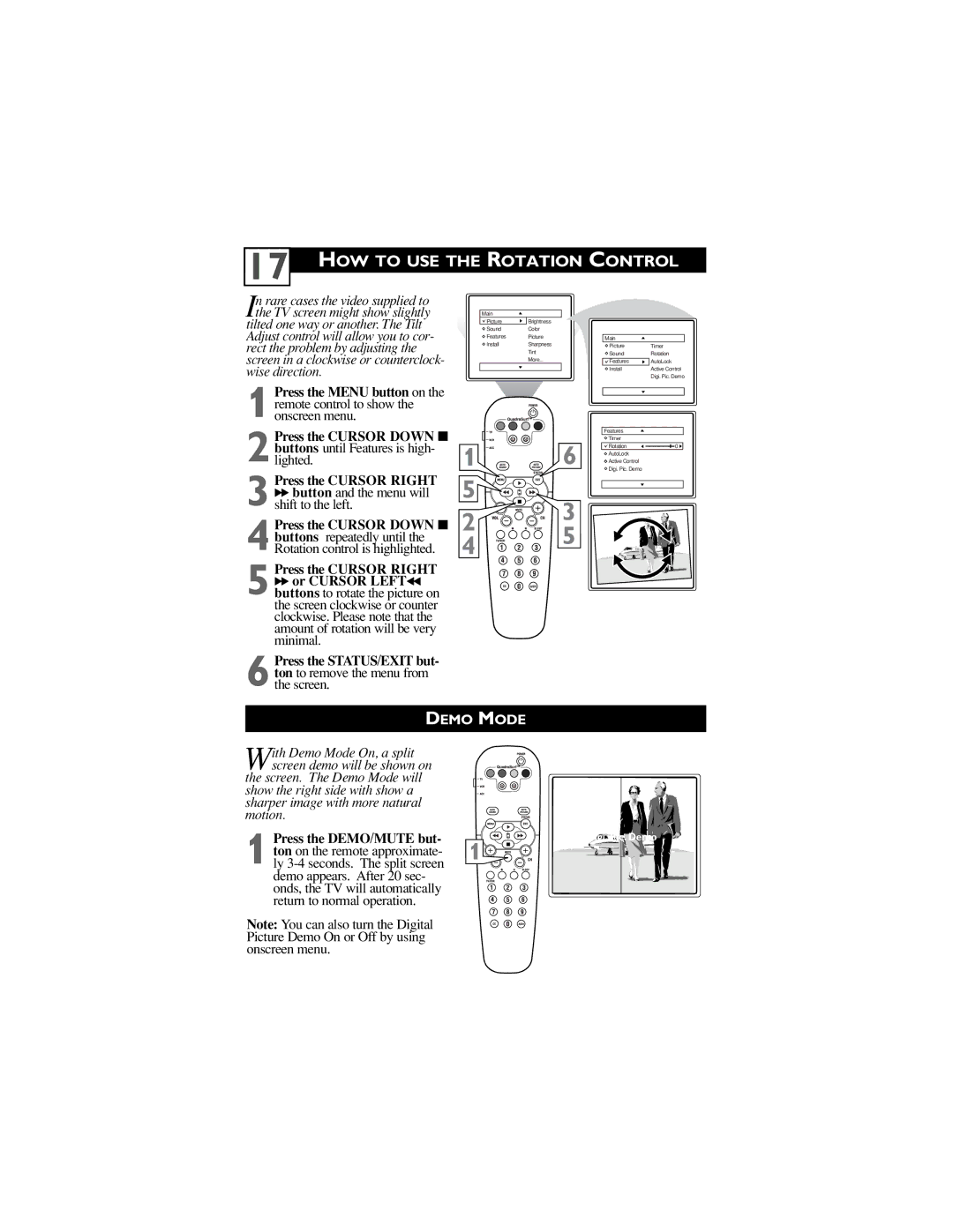 Philips 32PT6441/37, 30PW6341/37, 26PW6341/37 user manual HOW to USE the Rotation Control, Demo Mode, Press the DEMO/MUTE but 