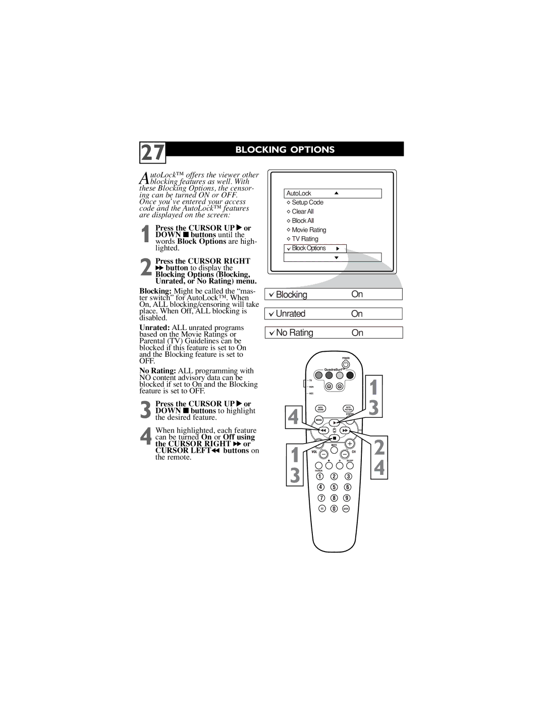 Philips 30PW6341/37, 32PT6441/37, 26PW6341/37 user manual Blocking Options, Blocking Unrated No Rating 