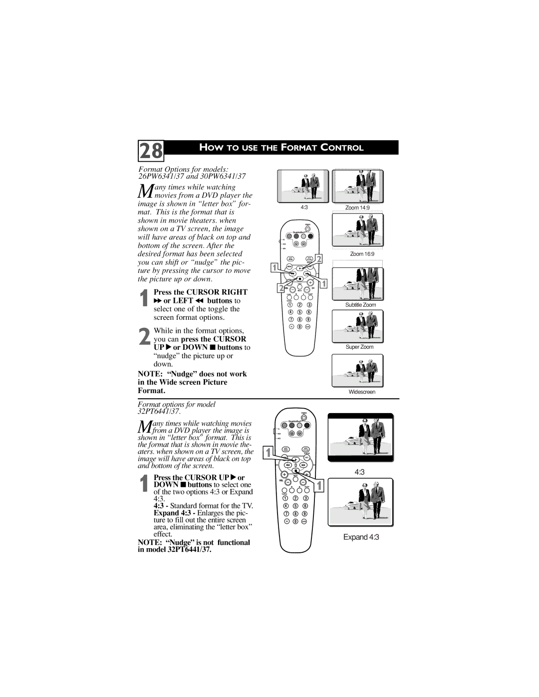 Philips 26PW6341/37, 30PW6341/37 user manual HOW to USE the Format Control, Model 32PT6441/37 